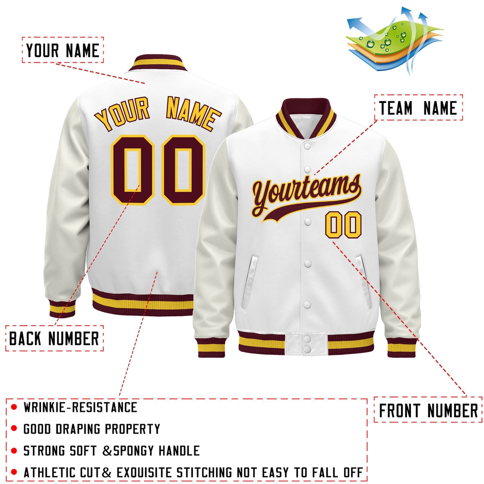Custom White Crimson Gold Classic Style Leather Sleeves Wrinkle-Resistant Jacket| KXKSHOP
