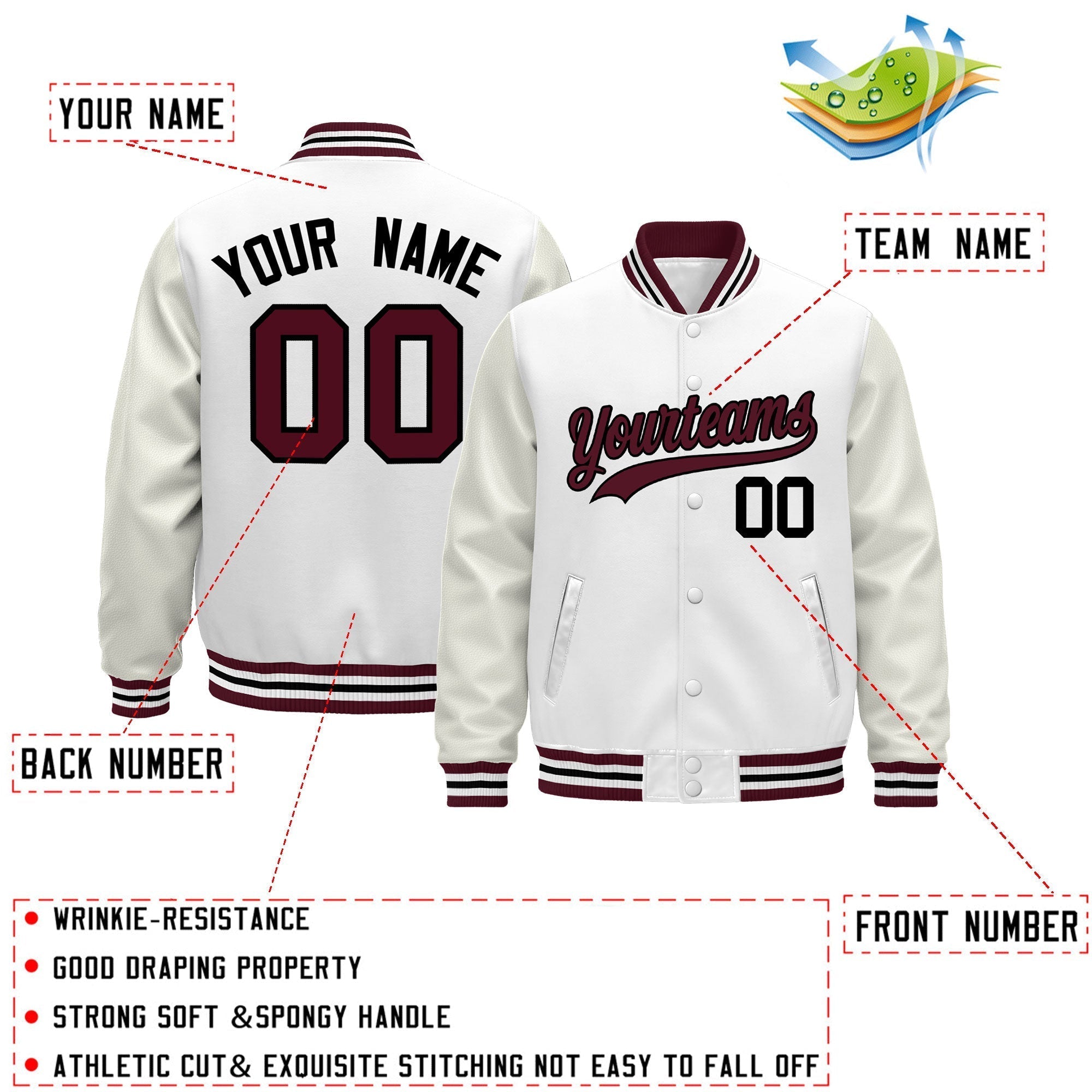 Custom White Crimson Black Classic Style Leather Sleeves Wrinkle-Resistant Jacket| KXKSHOP