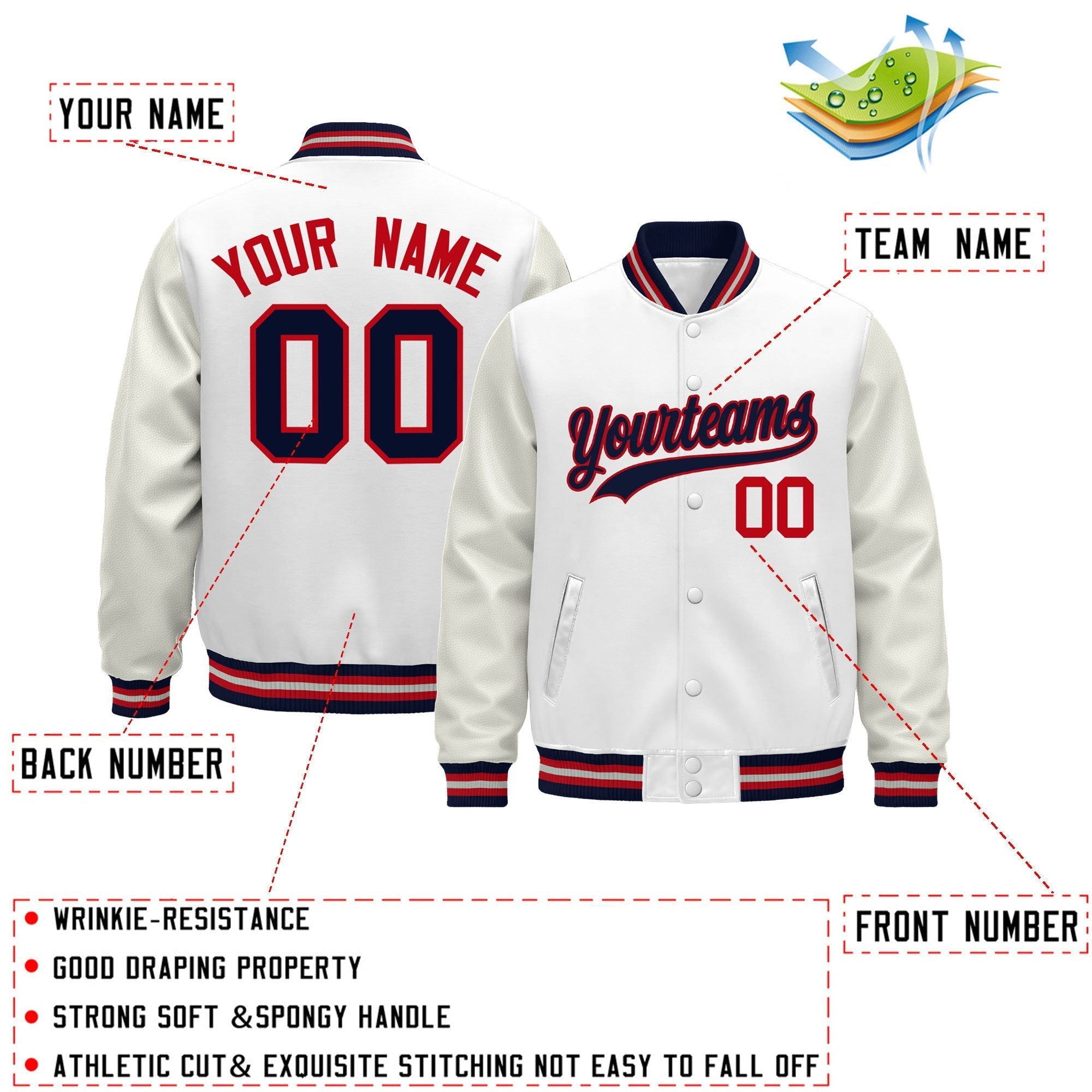 Custom White Navy Red Classic Style Leather Sleeves Wrinkle-Resistant Jacket| KXKSHOP