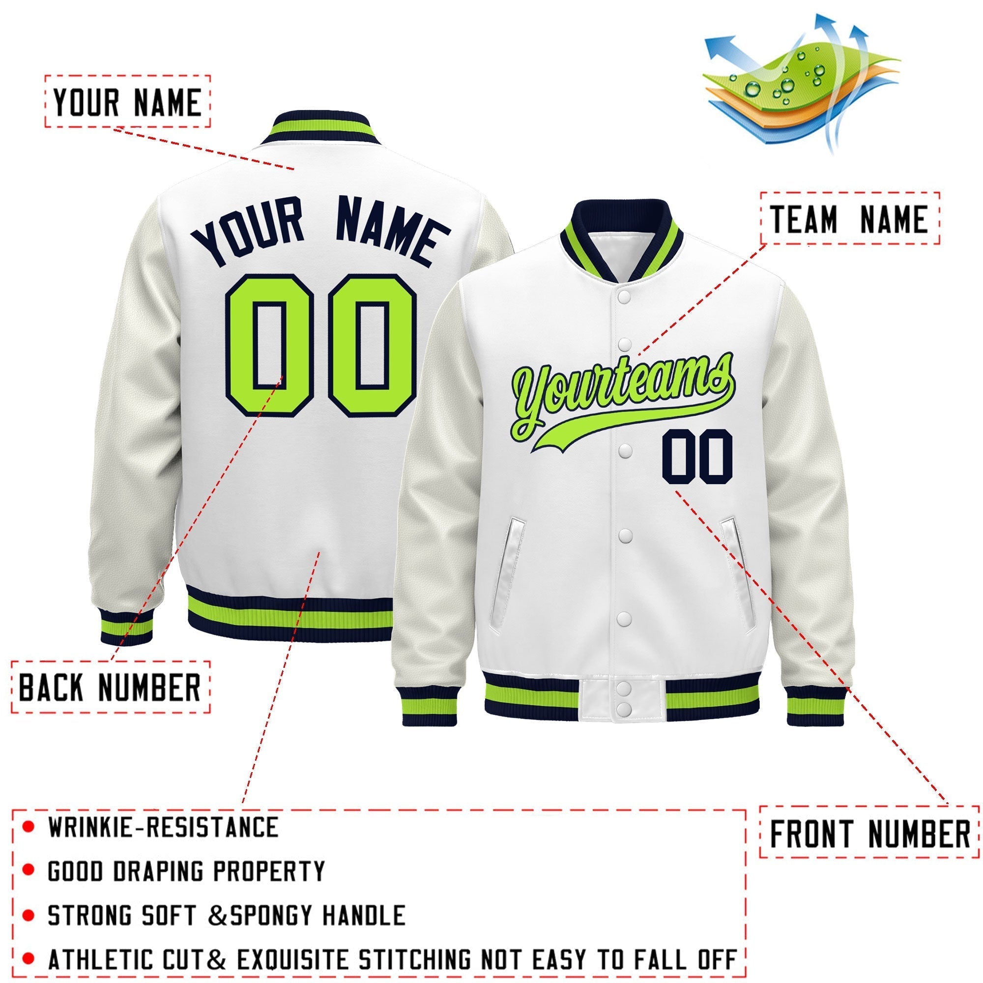 Custom White Navy Neon Green Classic Style Leather Sleeves Wrinkle-Resistant Jacket| KXKSHOP