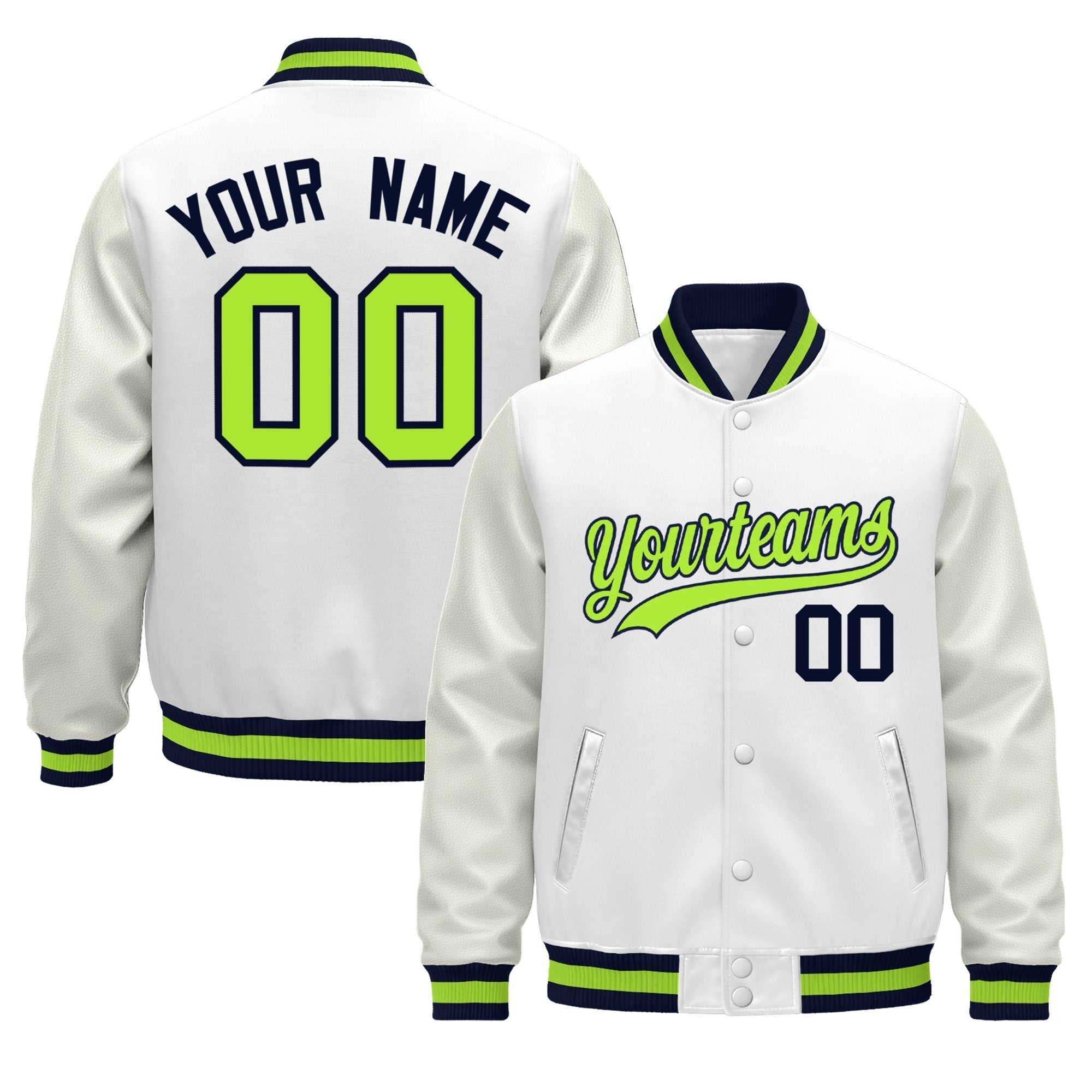Custom White Navy Neon Green Classic Style Leather Sleeves Wrinkle-Resistant Jacket| KXKSHOP