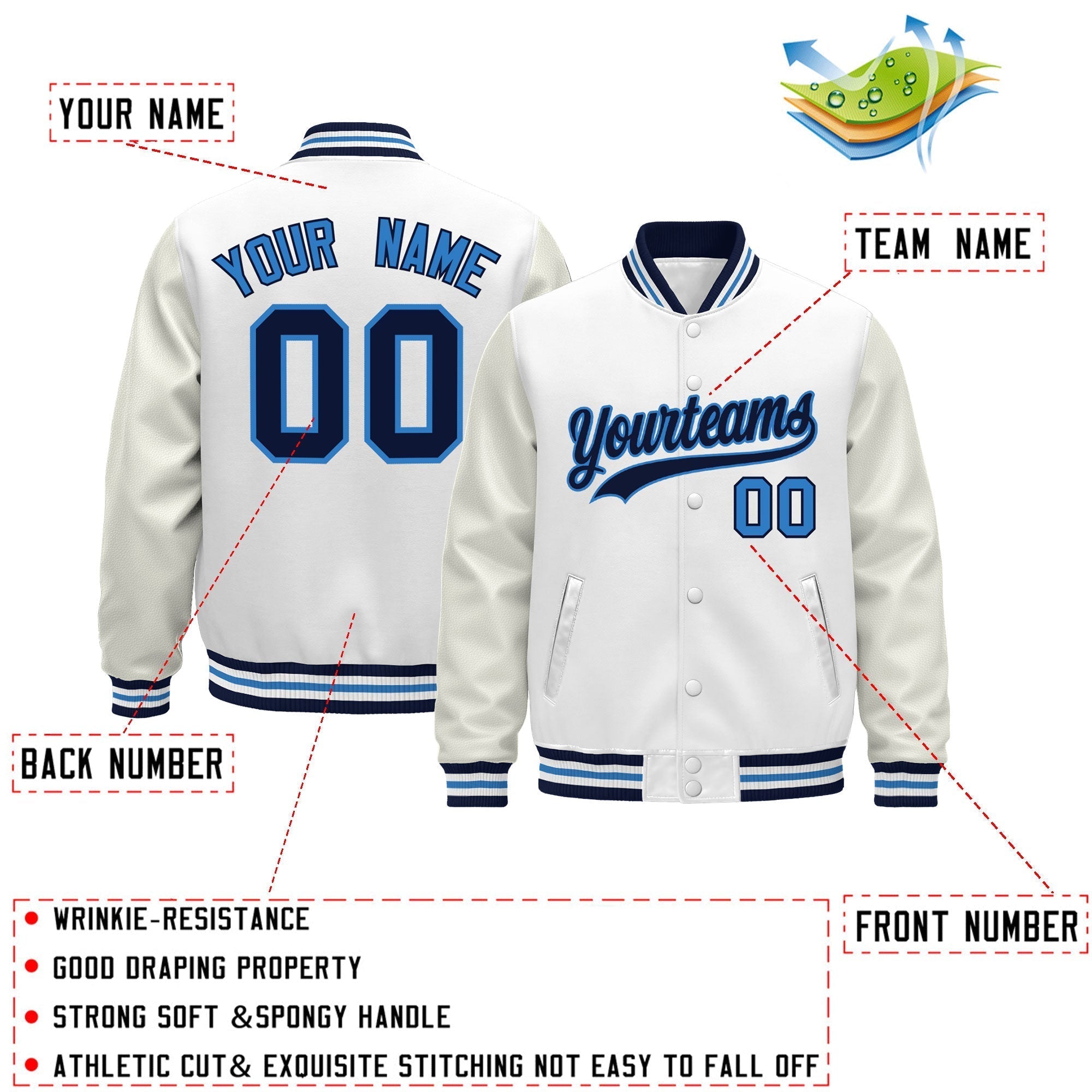 Custom White Navy Powder Blue Classic Style Leather Sleeves Wrinkle-Resistant Jacket| KXKSHOP