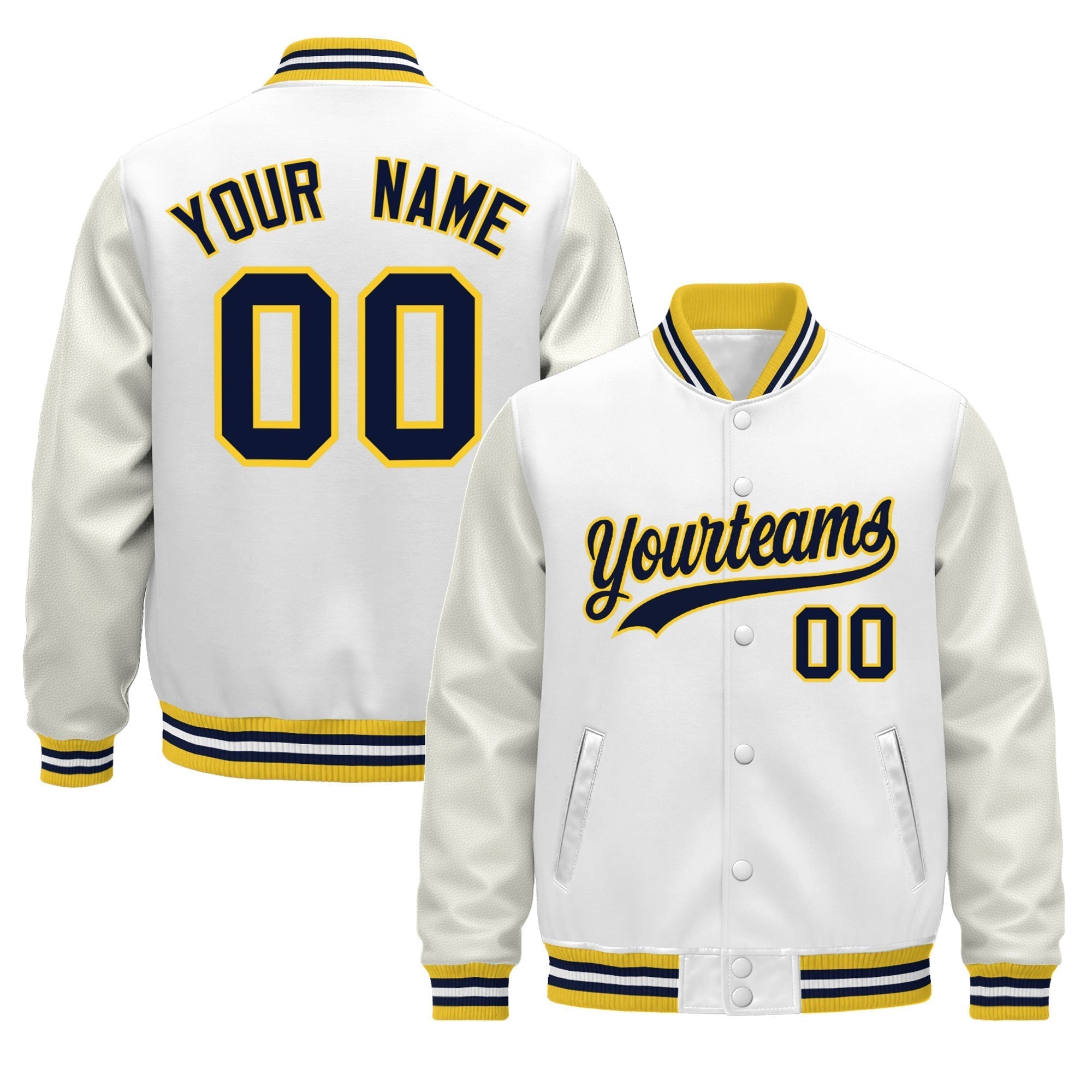 Custom White Gold Navy Classic Style Leather Sleeves Wrinkle-Resistant Jacket| KXKSHOP