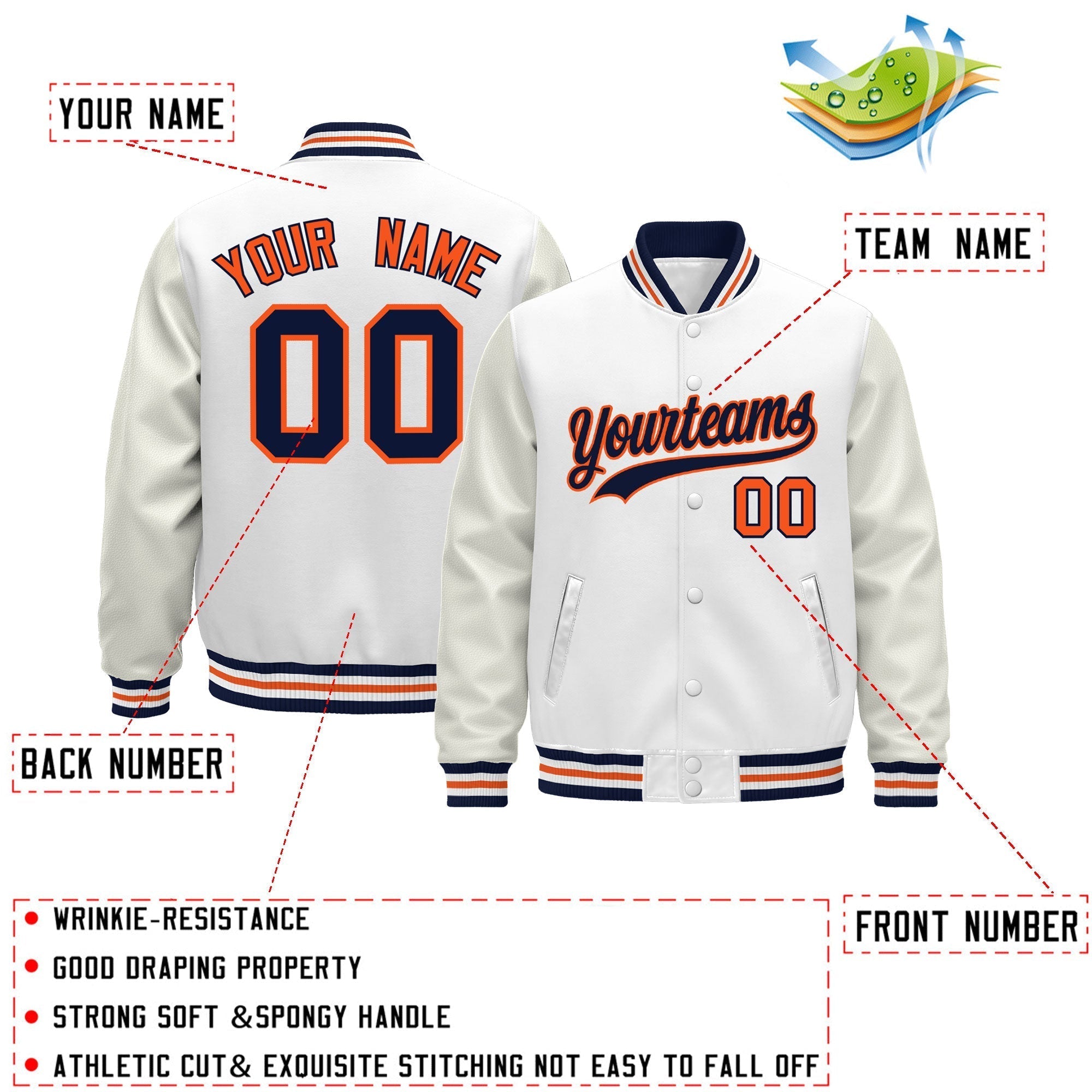 Custom White Navy Orange Classic Style Leather Sleeves Wrinkle-Resistant Jacket| KXKSHOP