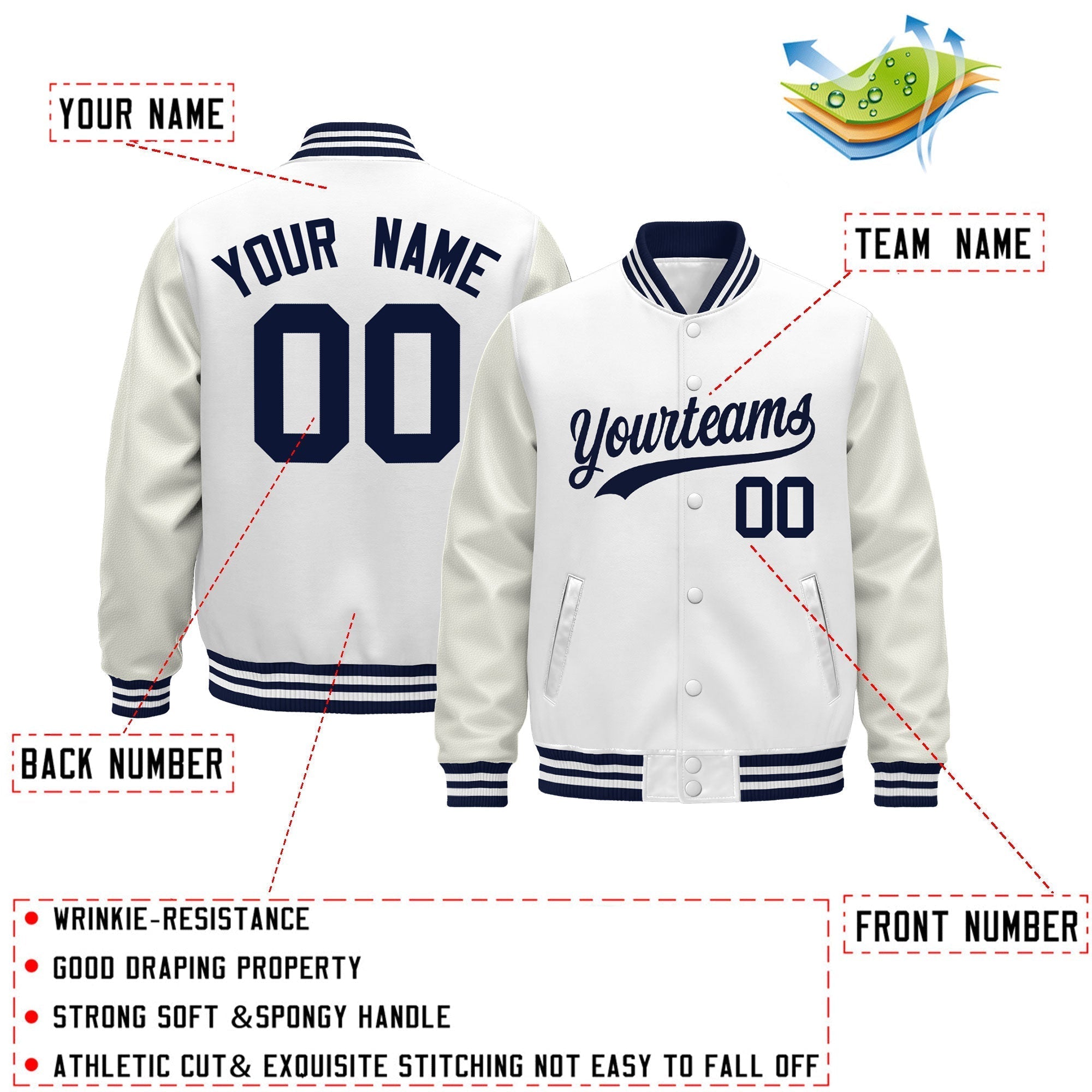Custom White Navy Classic Style Leather Sleeves Wrinkle-Resistant Jacket| KXKSHOP