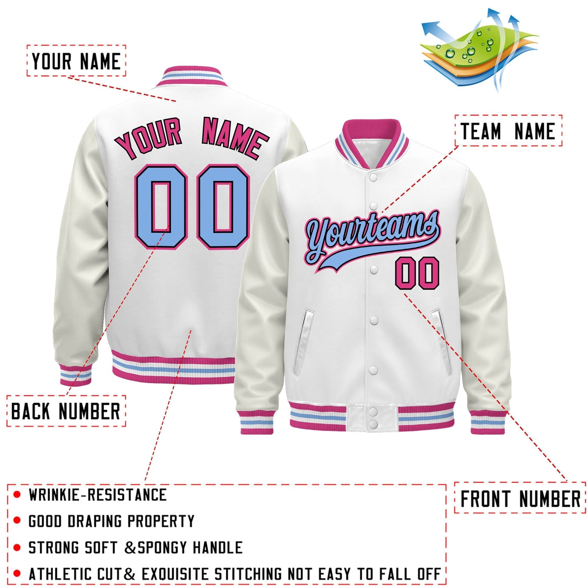 Custom White Pink Light Blue Classic Style Leather Sleeves Wrinkle-Resistant Jacket| KXKSHOP