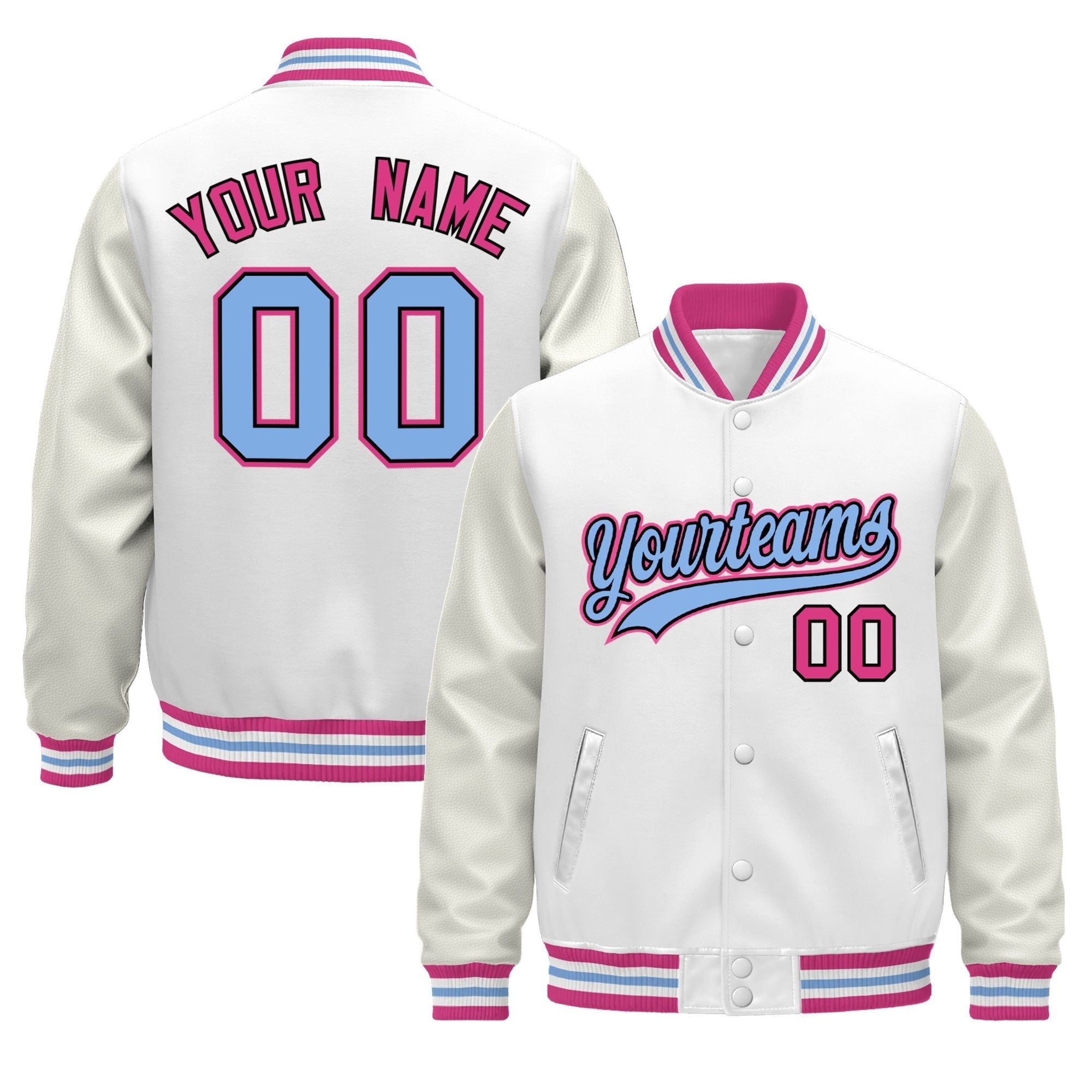 Custom White Pink Light Blue Classic Style Leather Sleeves Wrinkle-Resistant Jacket| KXKSHOP