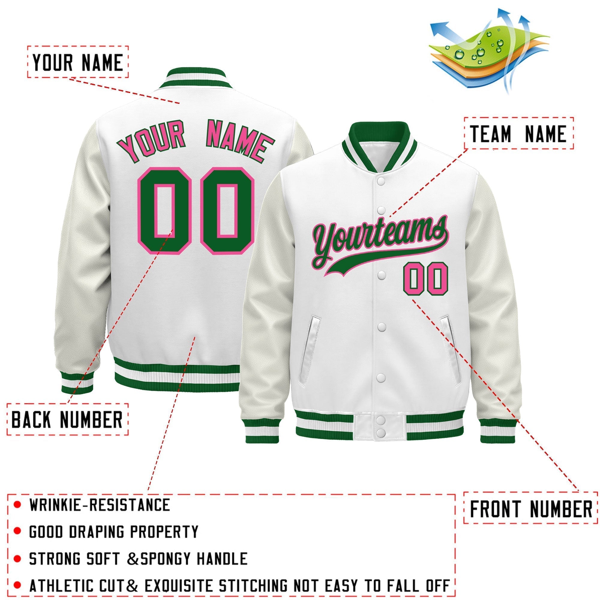 Custom White Kelly Green Classic Style Leather Sleeves Wrinkle-Resistant Jacket| KXKSHOP