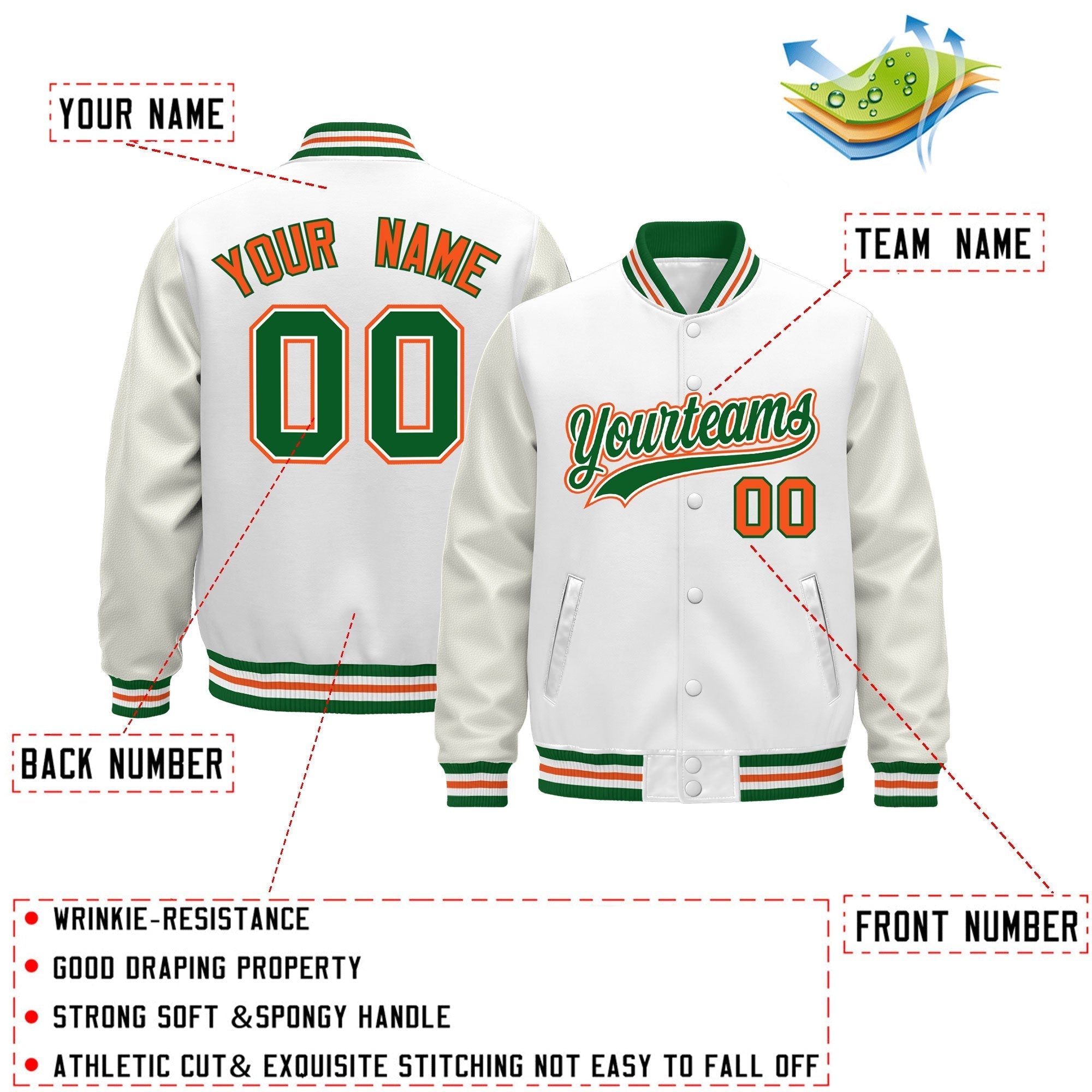 Custom White Kelly Green Orange Classic Style Leather Sleeves Wrinkle-Resistant Jacket| KXKSHOP
