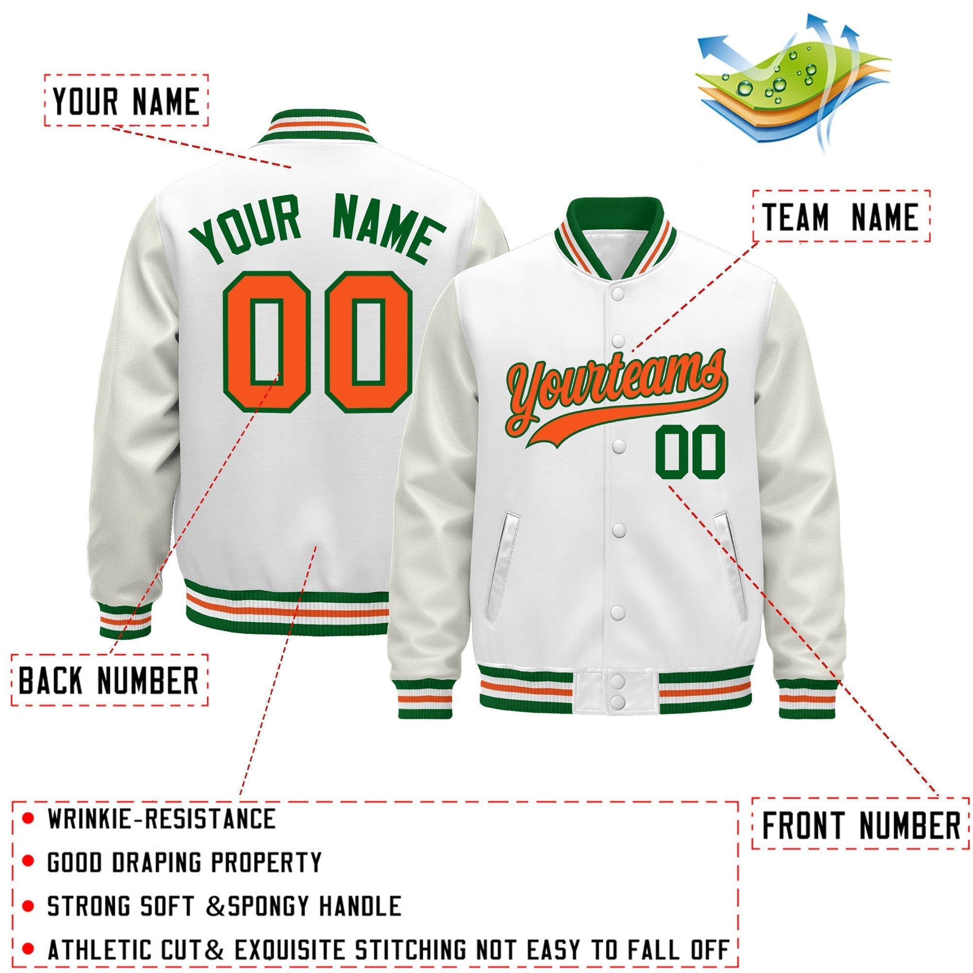 Custom White Kelly Green Orange Classic Style Leather Sleeves Wrinkle-Resistant Jacket| KXKSHOP