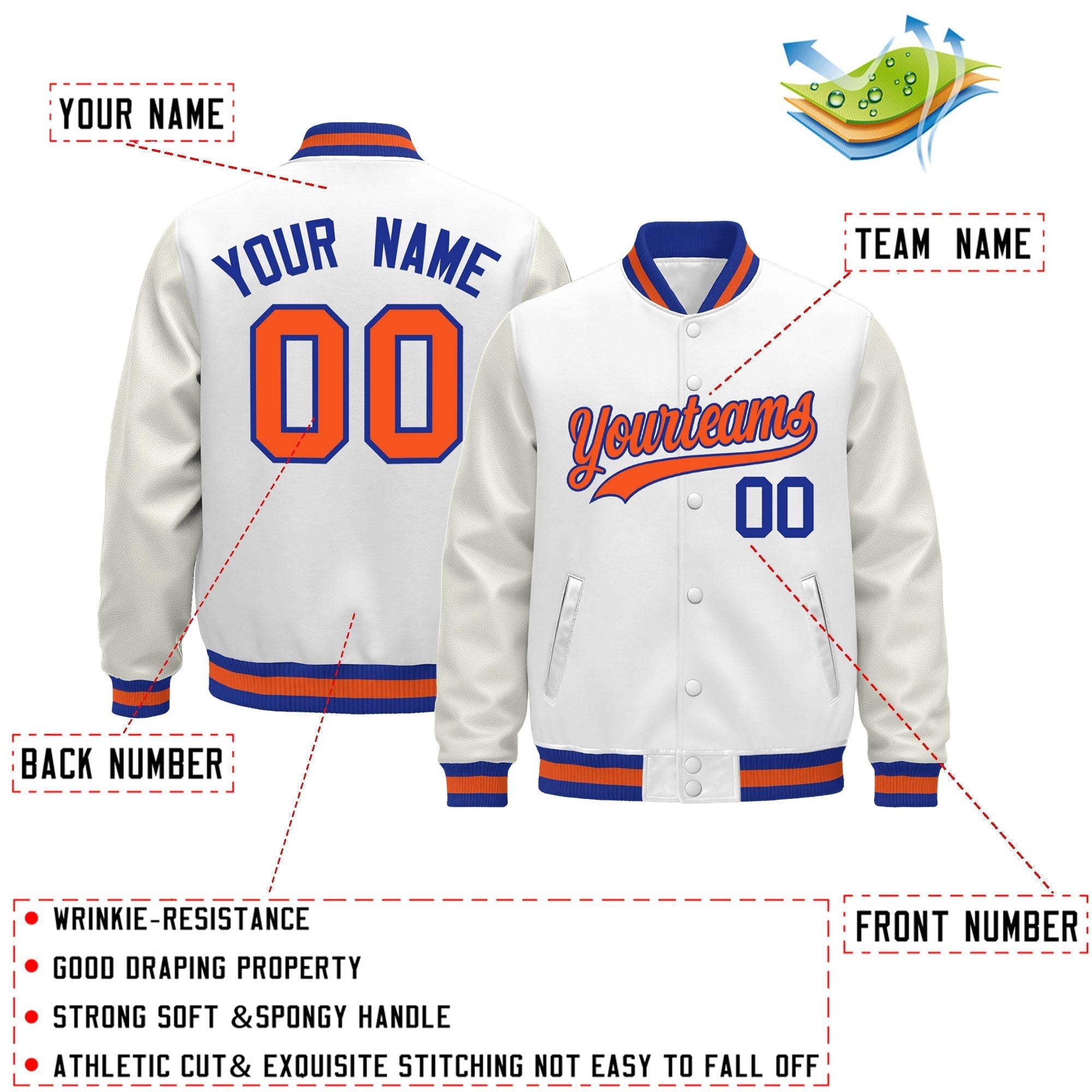 Custom White Royal Blue Orange Classic Style Leather Sleeves Wrinkle-Resistant Jacket| KXKSHOP