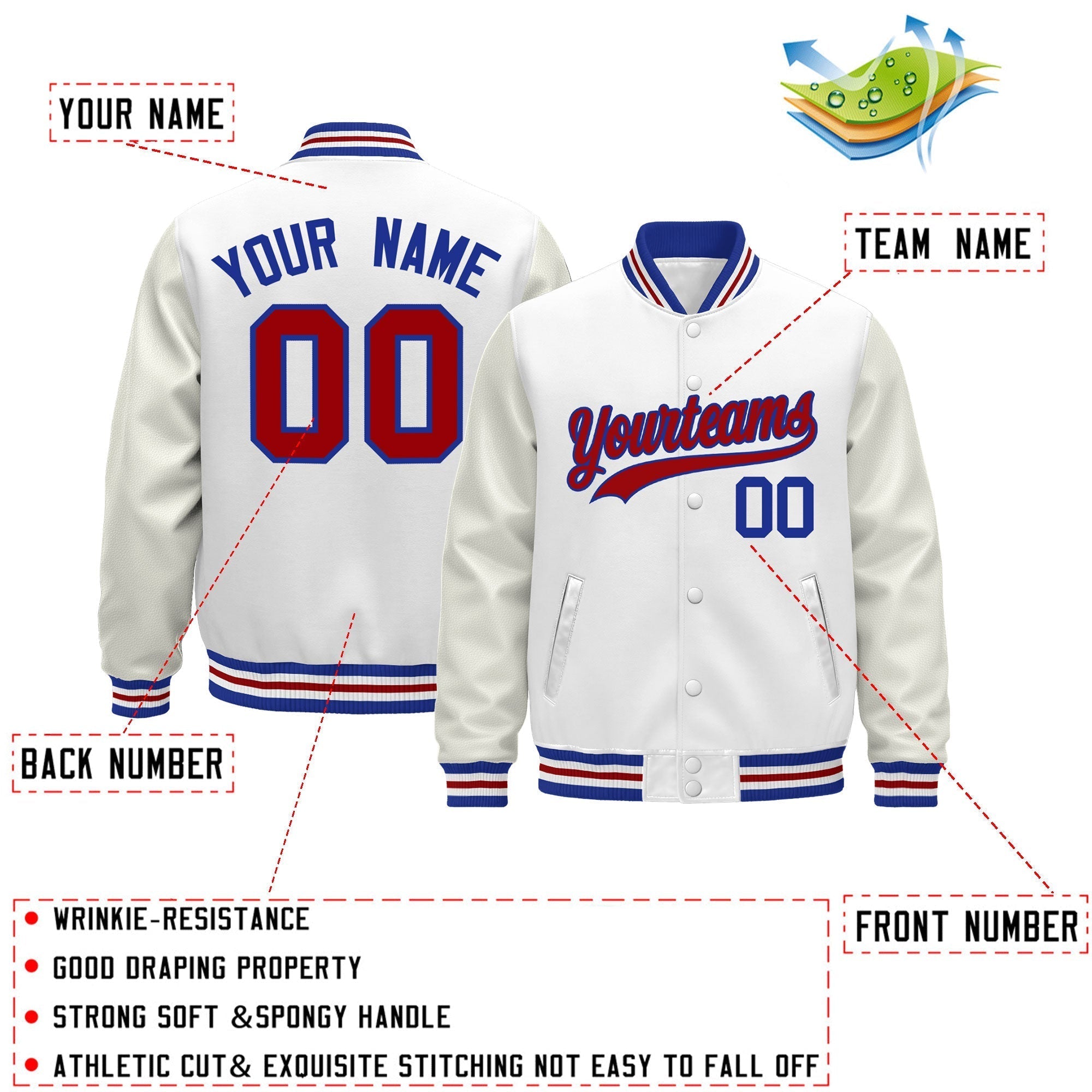 Custom White Royal Blue Red Classic Style Leather Sleeves Wrinkle-Resistant Jacket| KXKSHOP
