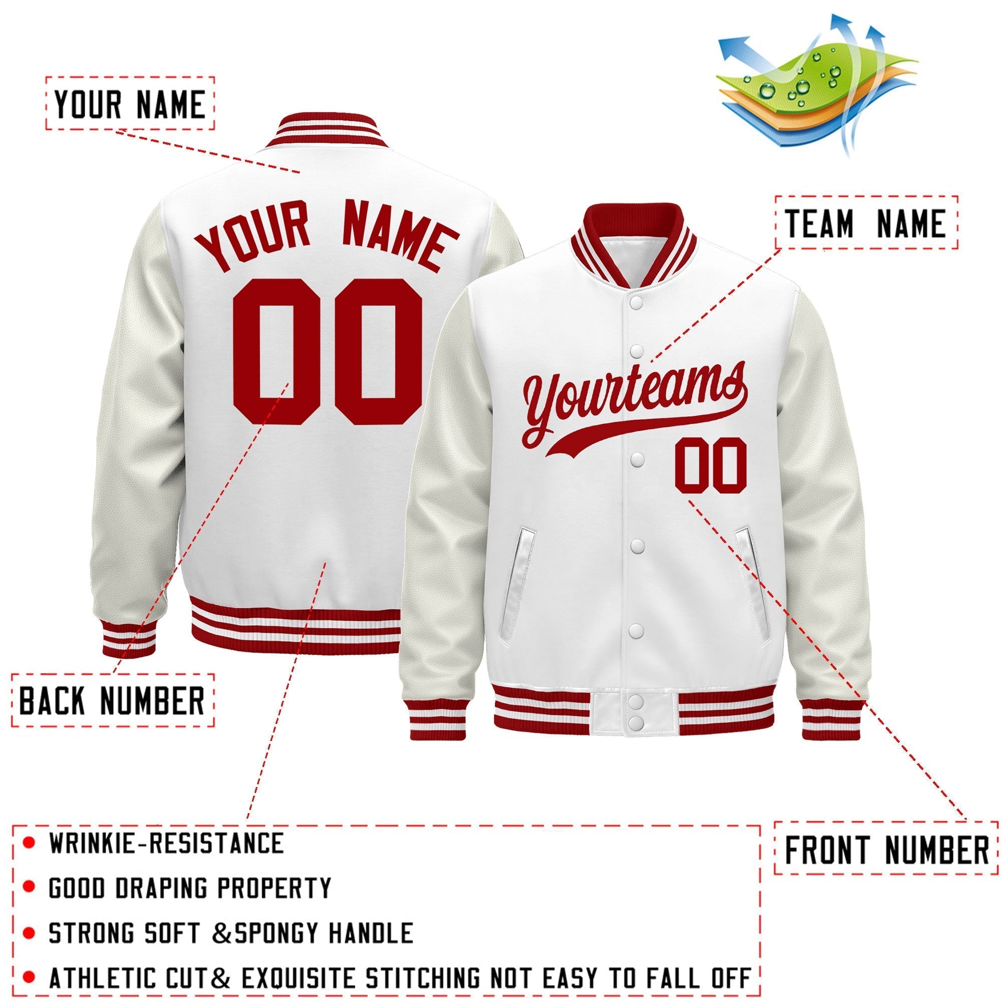 Custom White Red Classic Style Leather Sleeves Wrinkle-Resistant Jacket| KXKSHOP