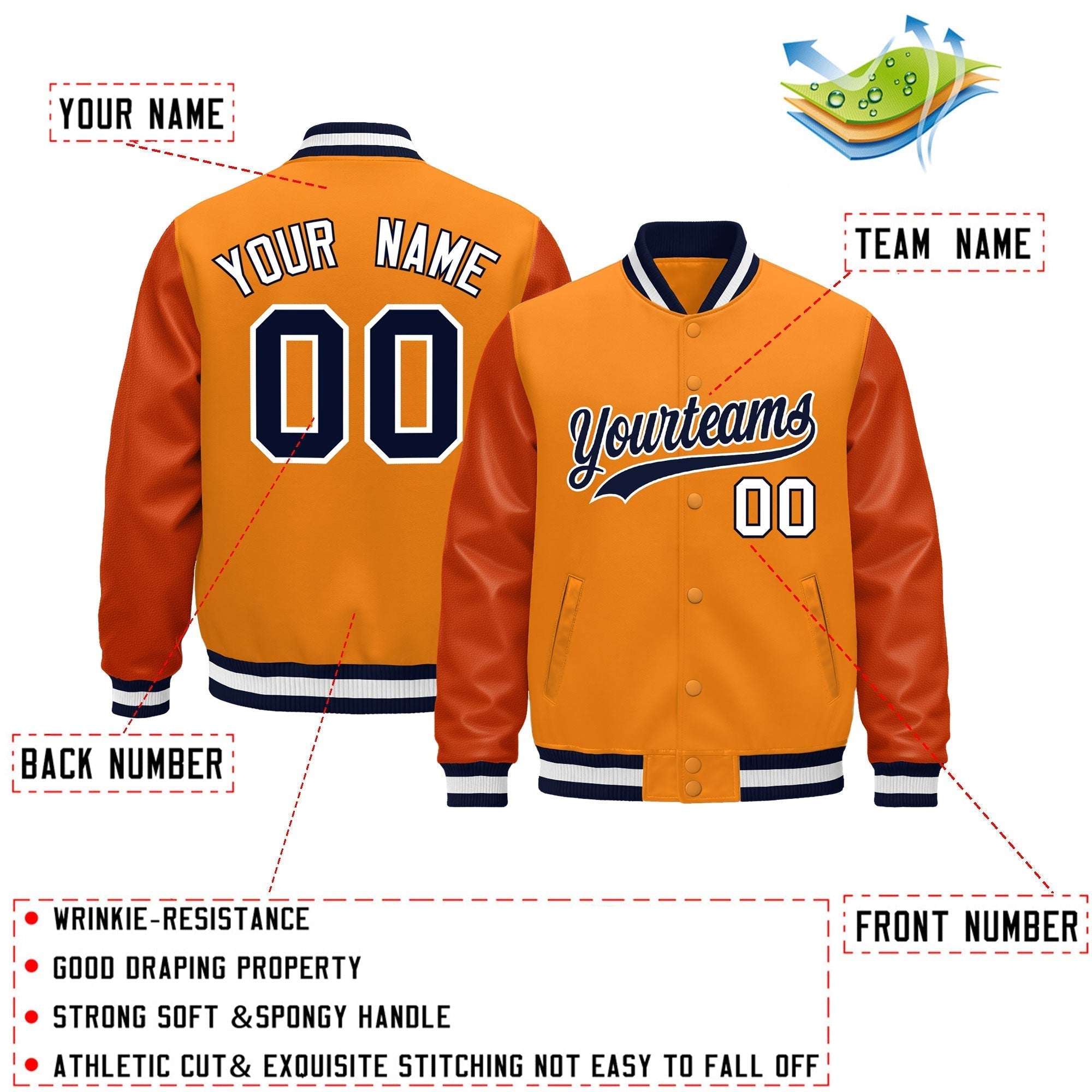 Custom Orange Navy White Classic Style Leather Sleeves Wrinkle-Resistant Jacket| KXKSHOP