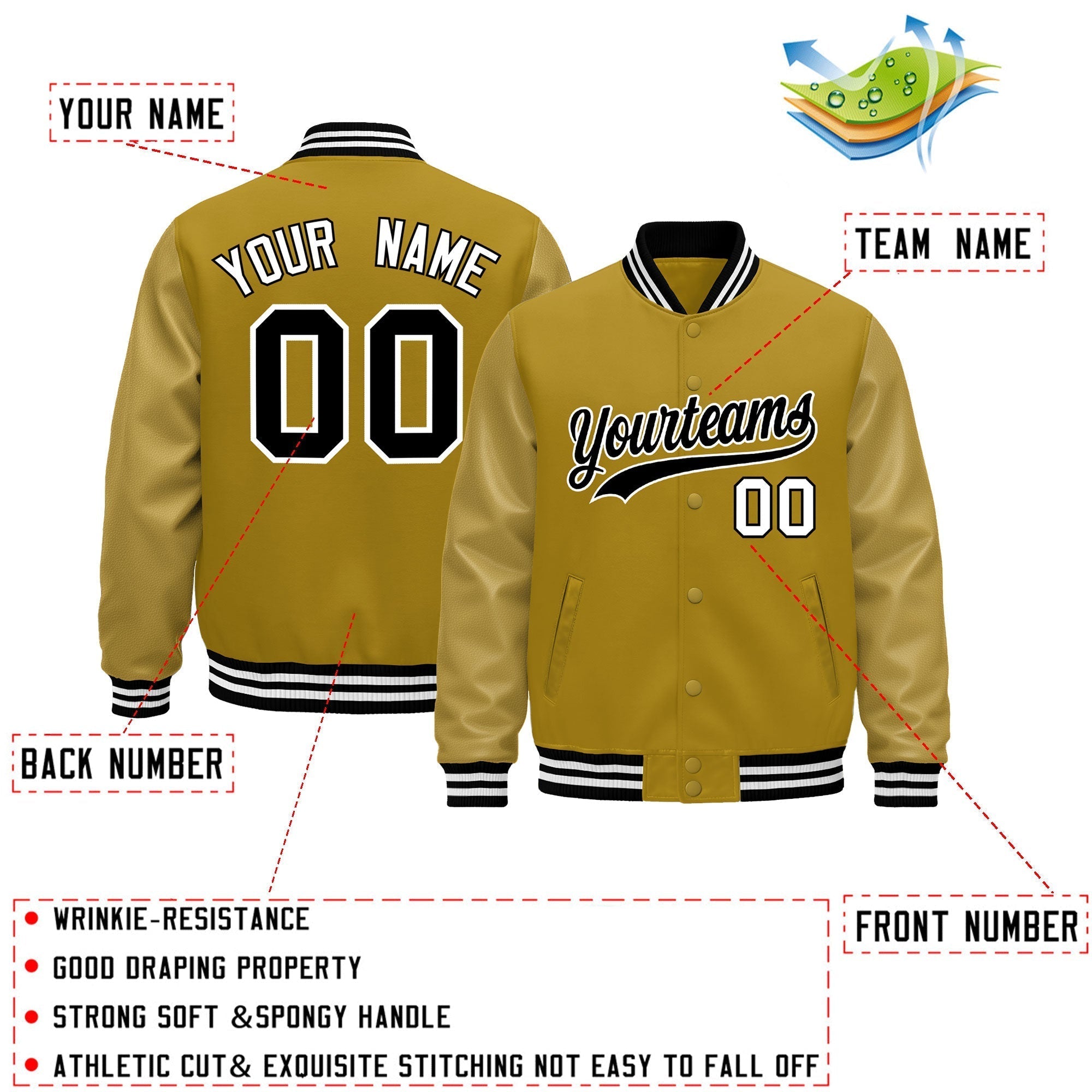 Custom Old Gold Black White Classic Style Leather Sleeves Wrinkle-Resistant Jacket| KXKSHOP