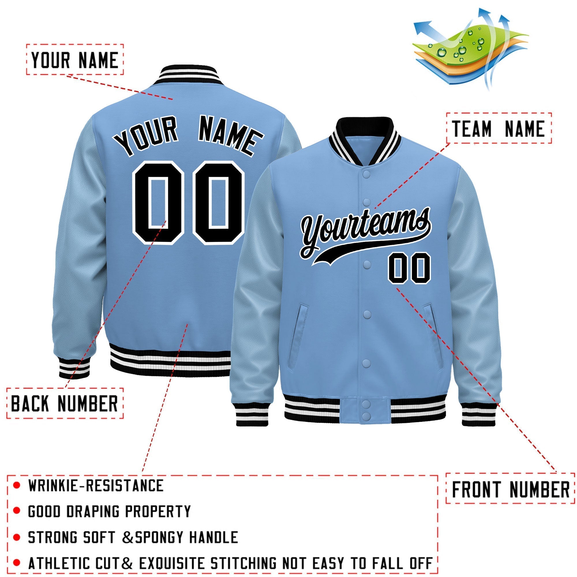 Custom Powder Blue Black White Classic Style Leather Sleeves Wrinkle-Resistant Jacket| KXKSHOP