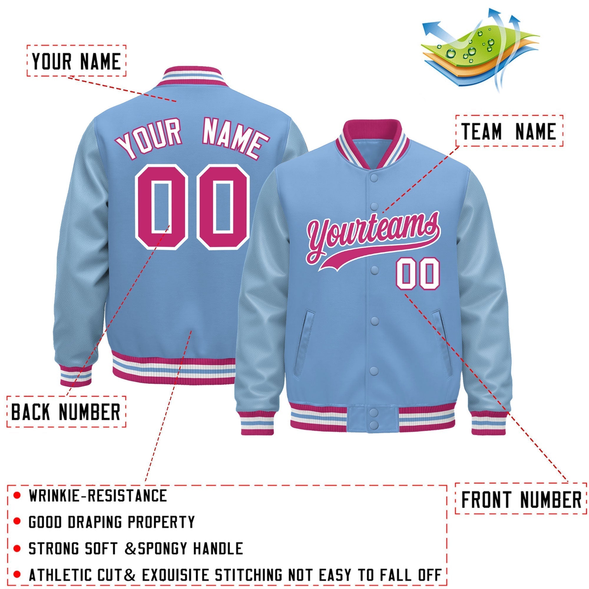 Custom Powder Blue Pink White Classic Style Leather Sleeves Wrinkle-Resistant Jacket| KXKSHOP