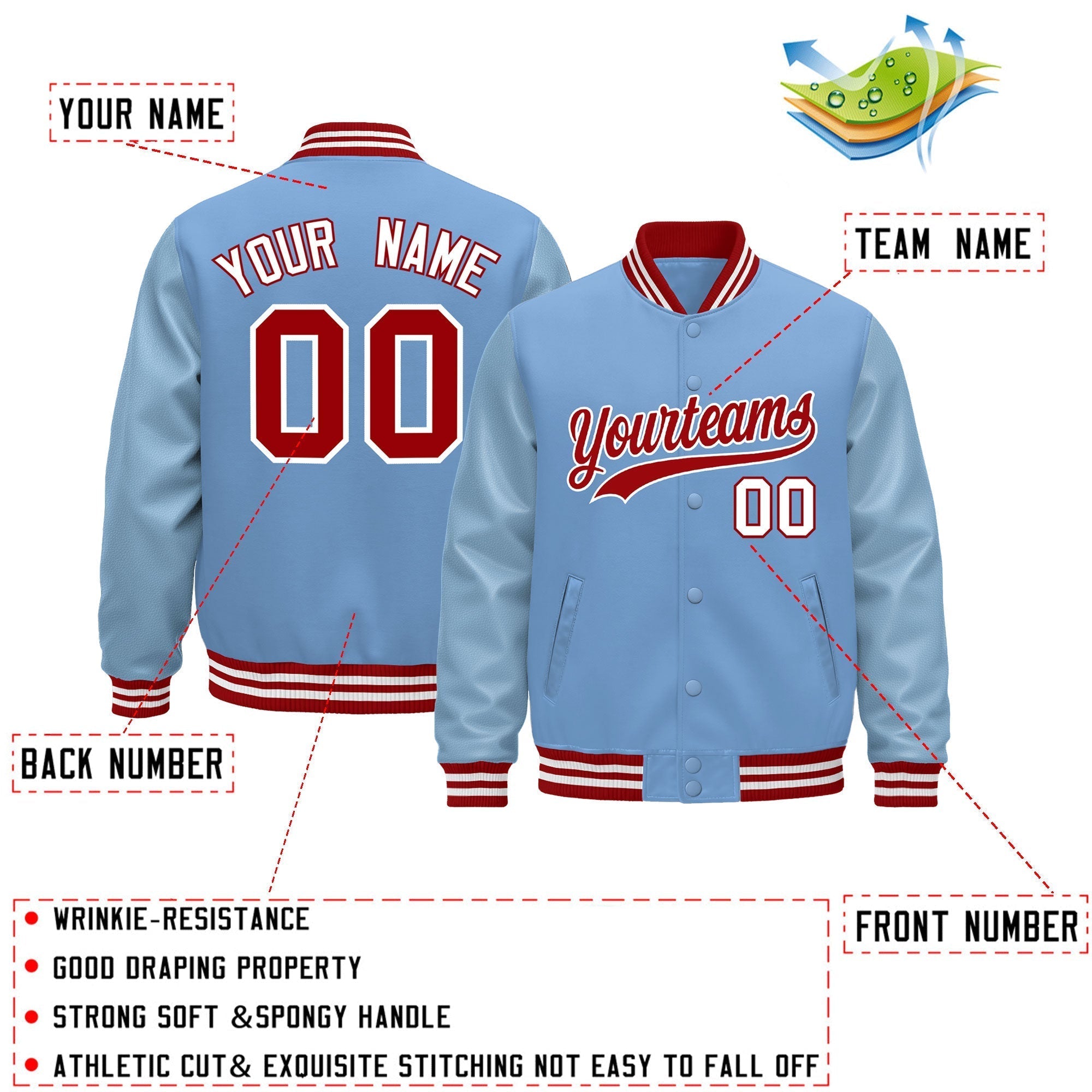 Custom Powder Blue Red White Classic Style Leather Sleeves Wrinkle-Resistant Jacket| KXKSHOP