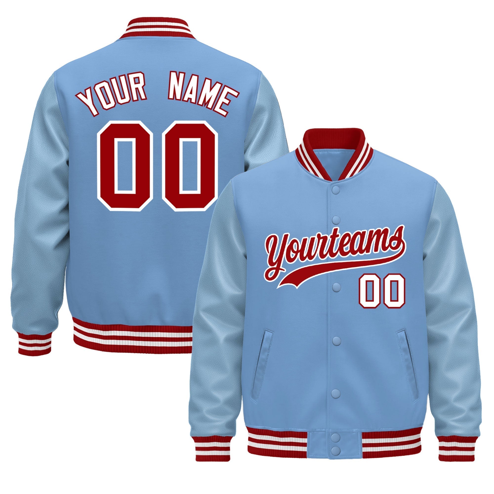 Custom Powder Blue Red White Classic Style Leather Sleeves Wrinkle-Resistant Jacket| KXKSHOP