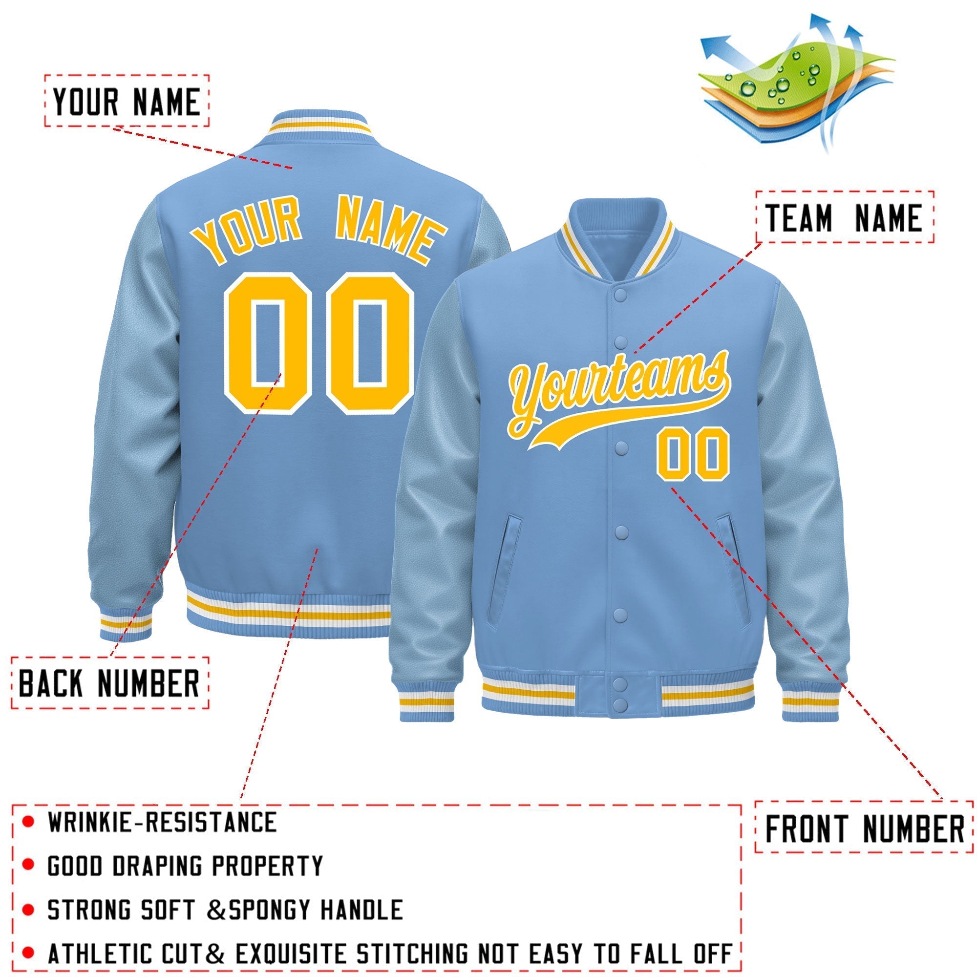 Custom Powder Blue Yellow White Classic Style Leather Sleeves Wrinkle-Resistant Jacket| KXKSHOP