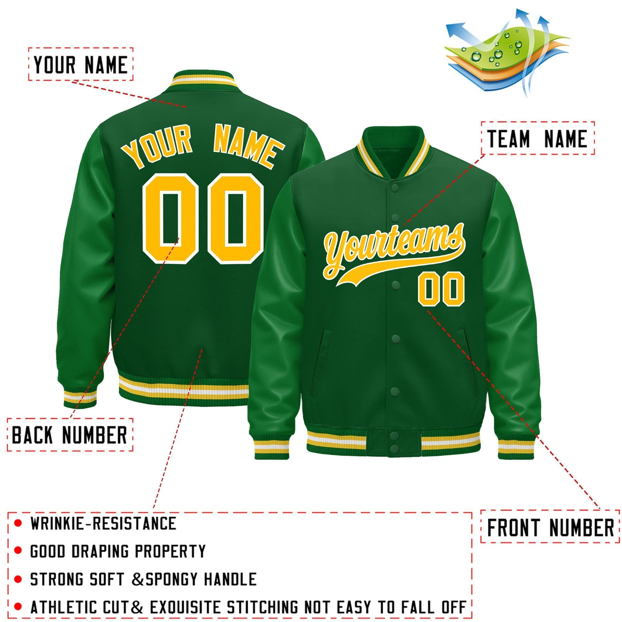 Custom Kelly Green Gold White Classic Style Leather Sleeves Wrinkle-Resistant Jacket| KXKSHOP