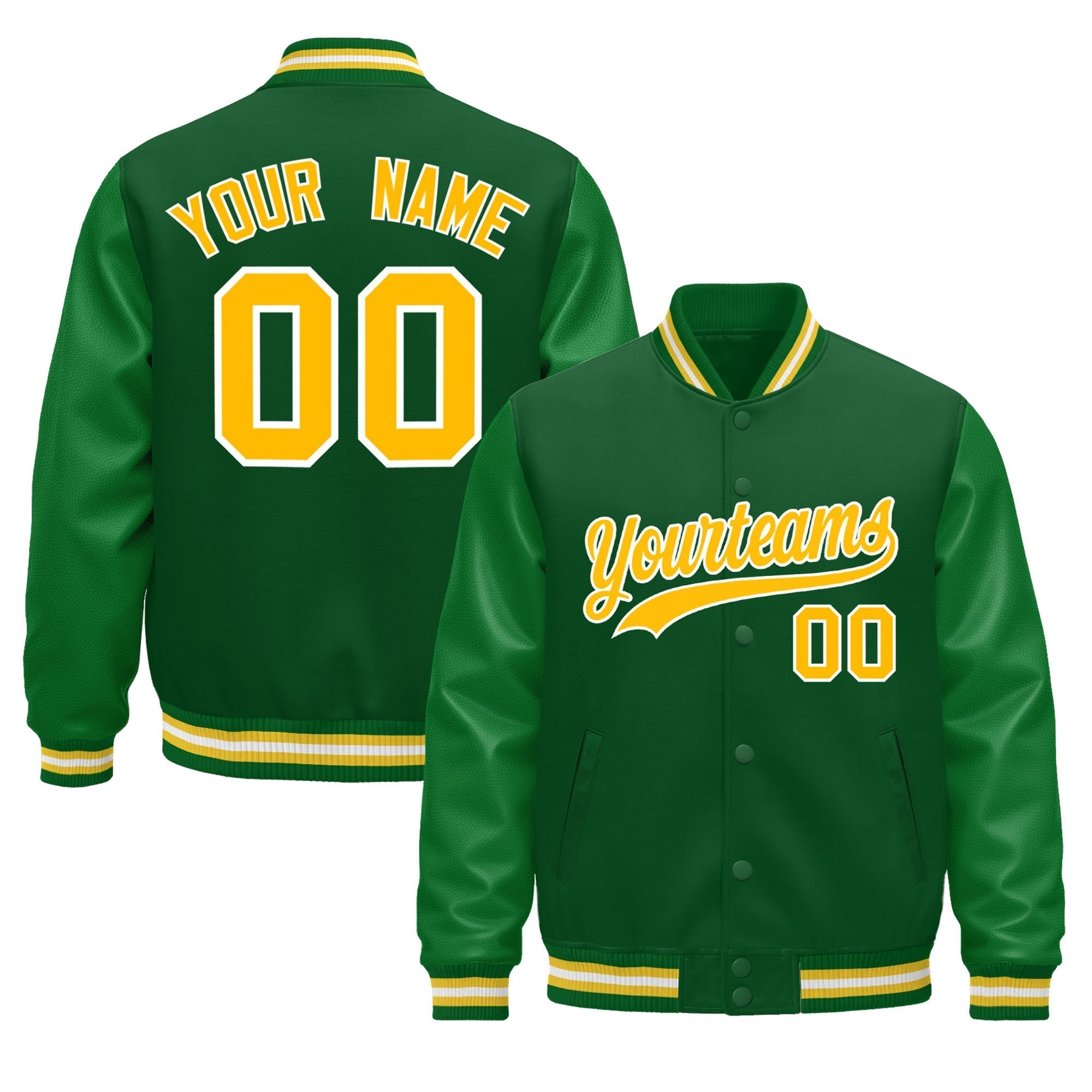 Custom Kelly Green Gold White Classic Style Leather Sleeves Wrinkle-Resistant Jacket| KXKSHOP