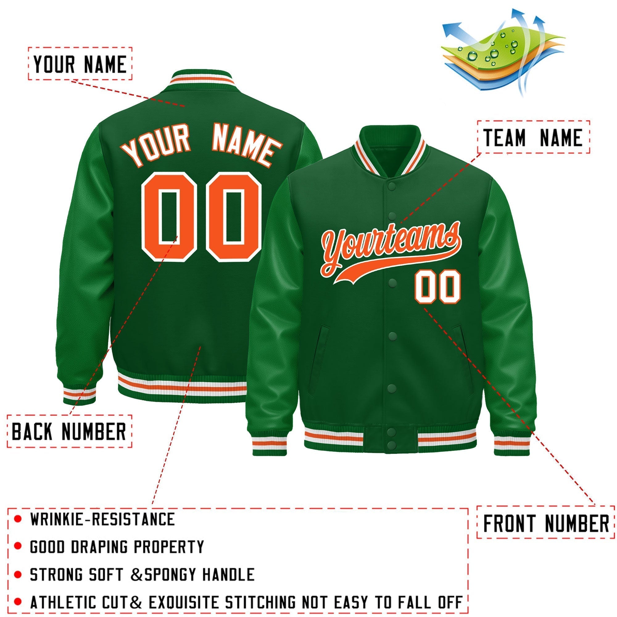 Custom Kelly Green White Orange Classic Style Leather Sleeves Wrinkle-Resistant Jacket| KXKSHOP