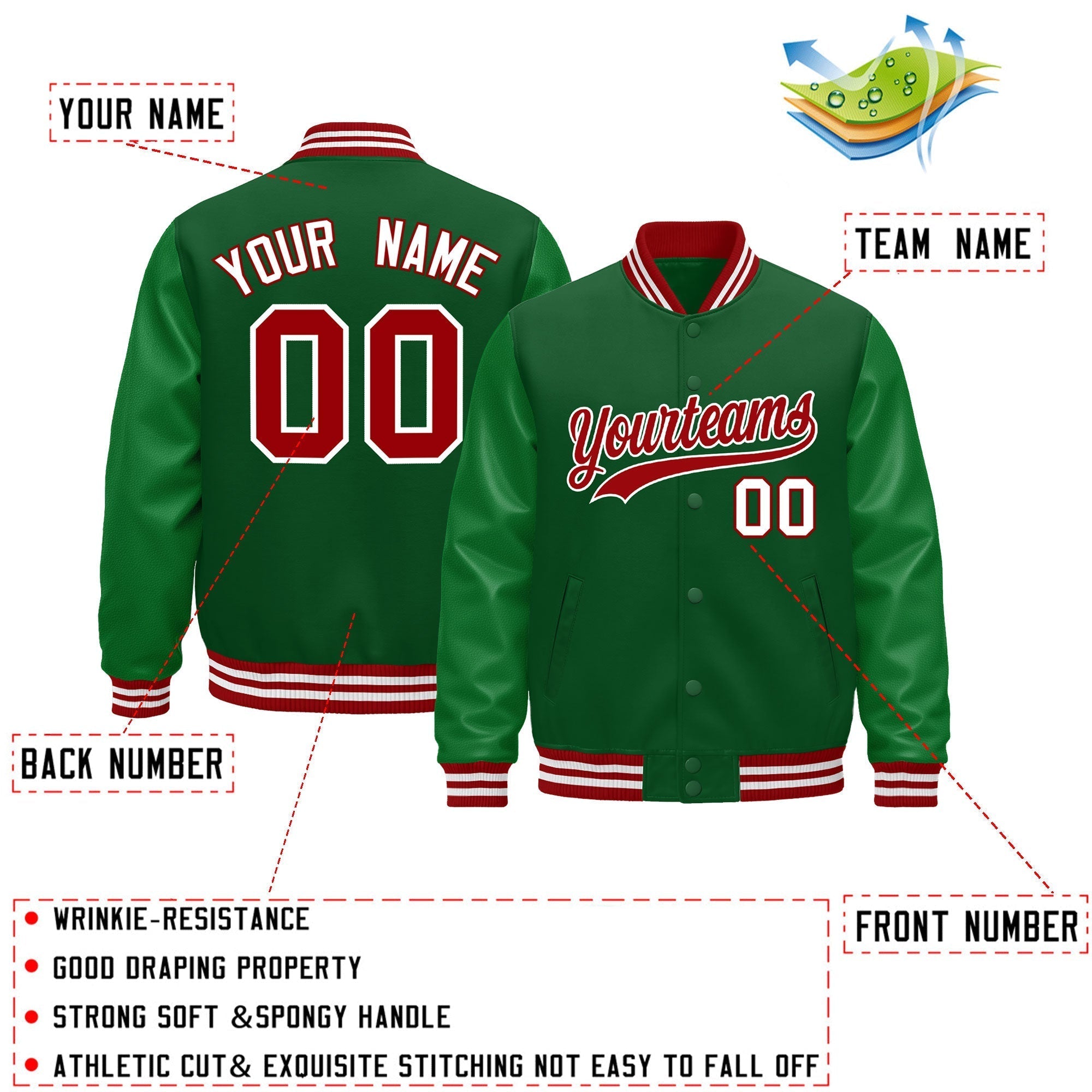 Custom Kelly Green Red White Classic Style Leather Sleeves Wrinkle-Resistant Jacket| KXKSHOP
