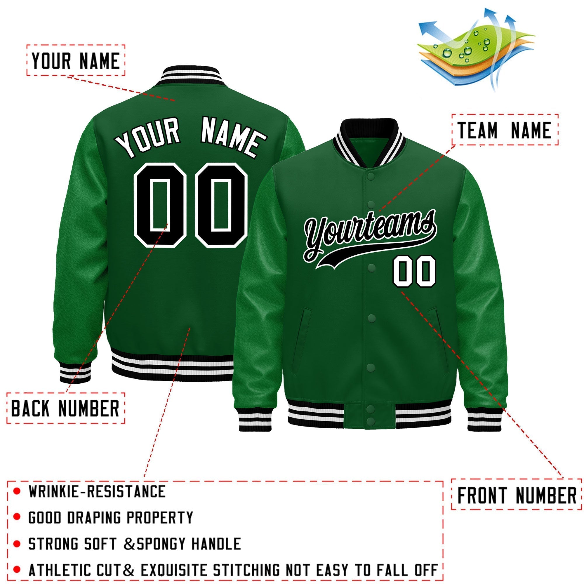 Custom Kelly Green Black White Classic Style Leather Sleeves Wrinkle-Resistant Jacket| KXKSHOP