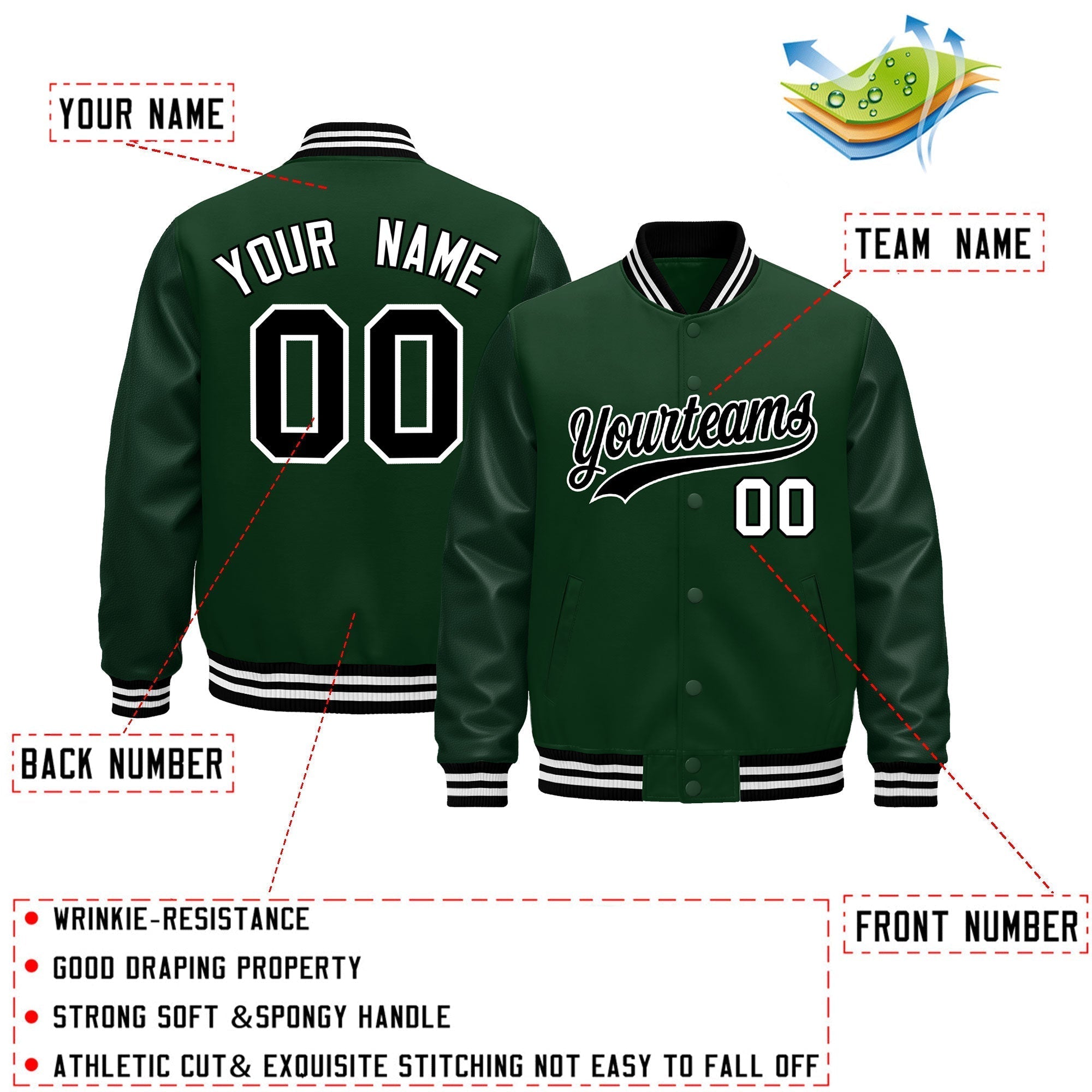 Custom Green Black White Classic Style Leather Sleeves Wrinkle-Resistant Jacket| KXKSHOP