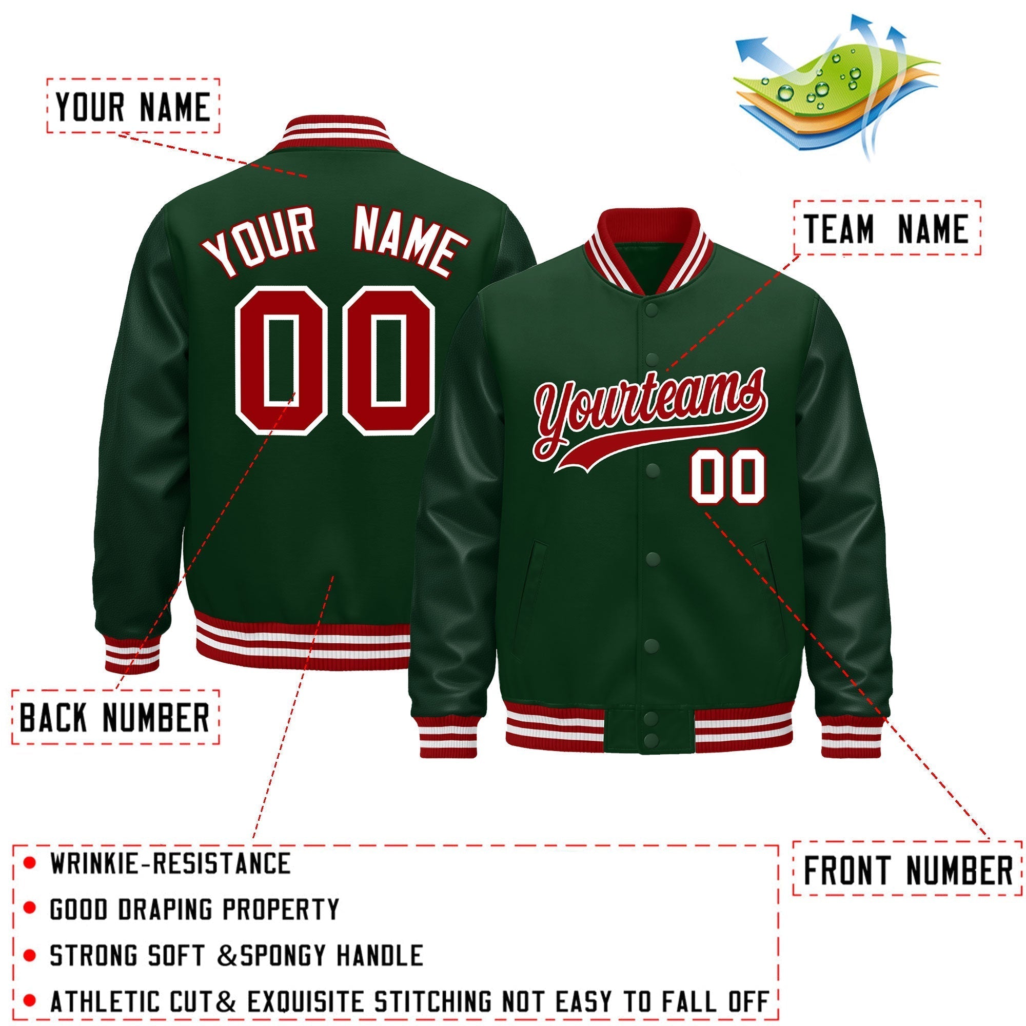 Custom Green Red White Classic Style Leather Sleeves Wrinkle-Resistant Jacket| KXKSHOP