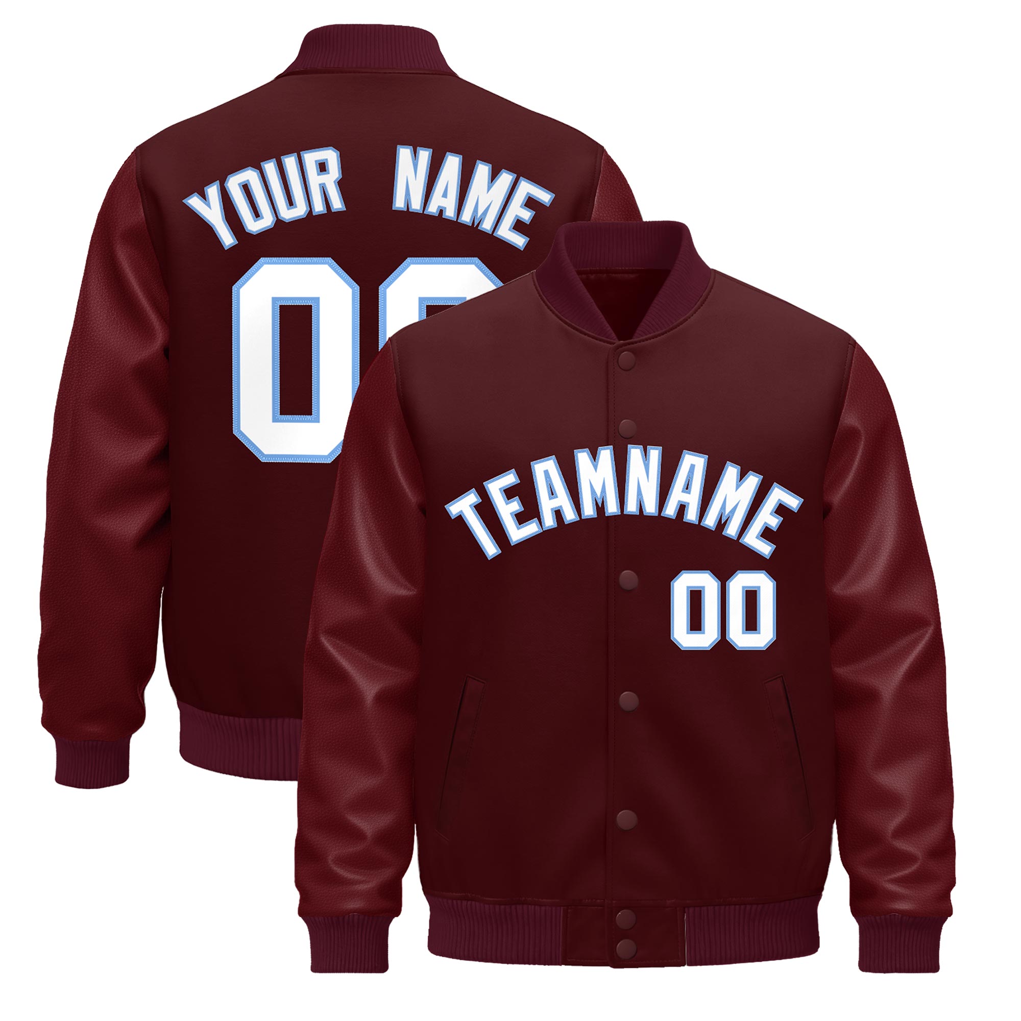 Custom Burgundy Light Blue Classic Style Leather Sleeves Wrinkle-Resistant Jacket| KXKSHOP