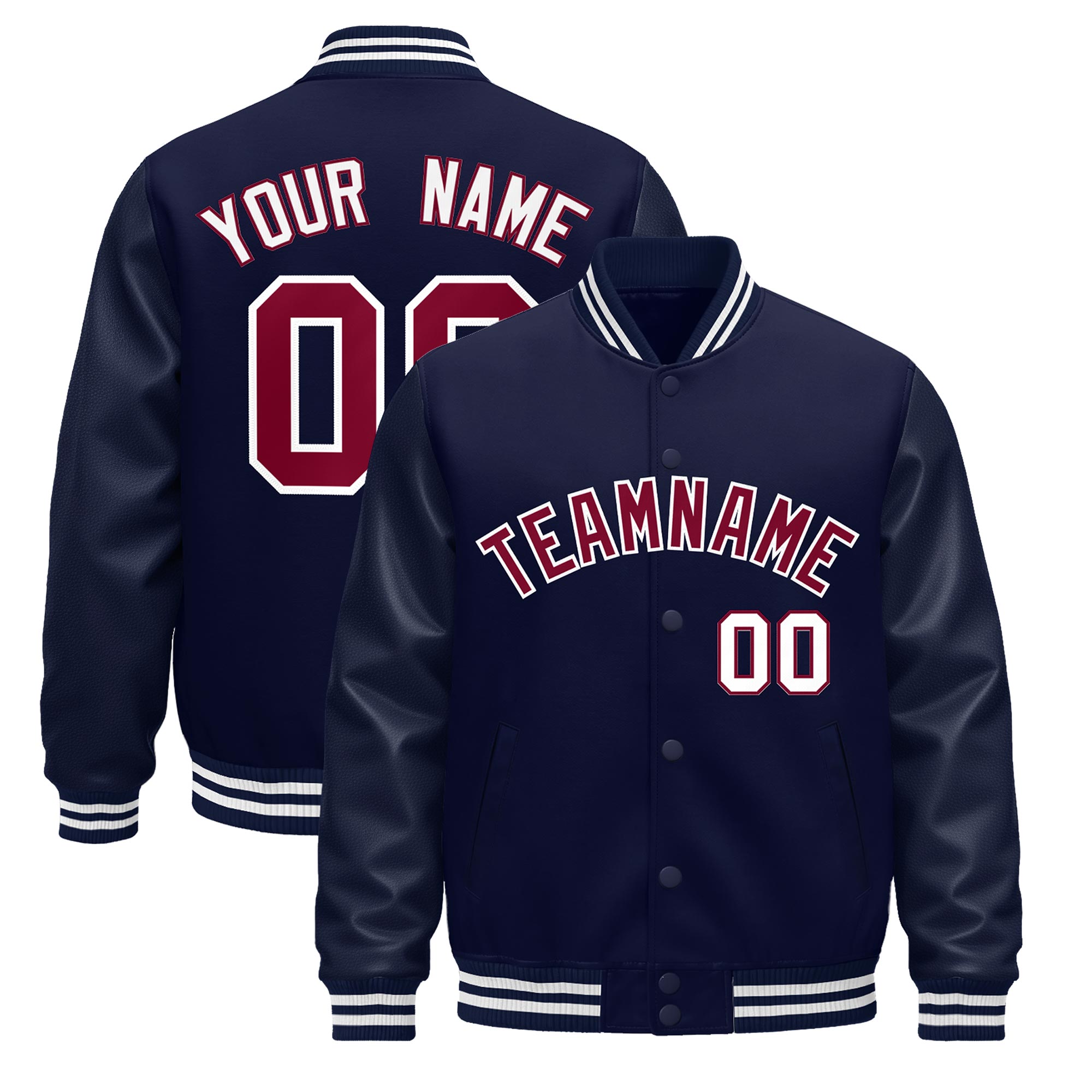 Custom Navy White Classic Style Leather Sleeves Wrinkle-Resistant Jacket| KXKSHOP