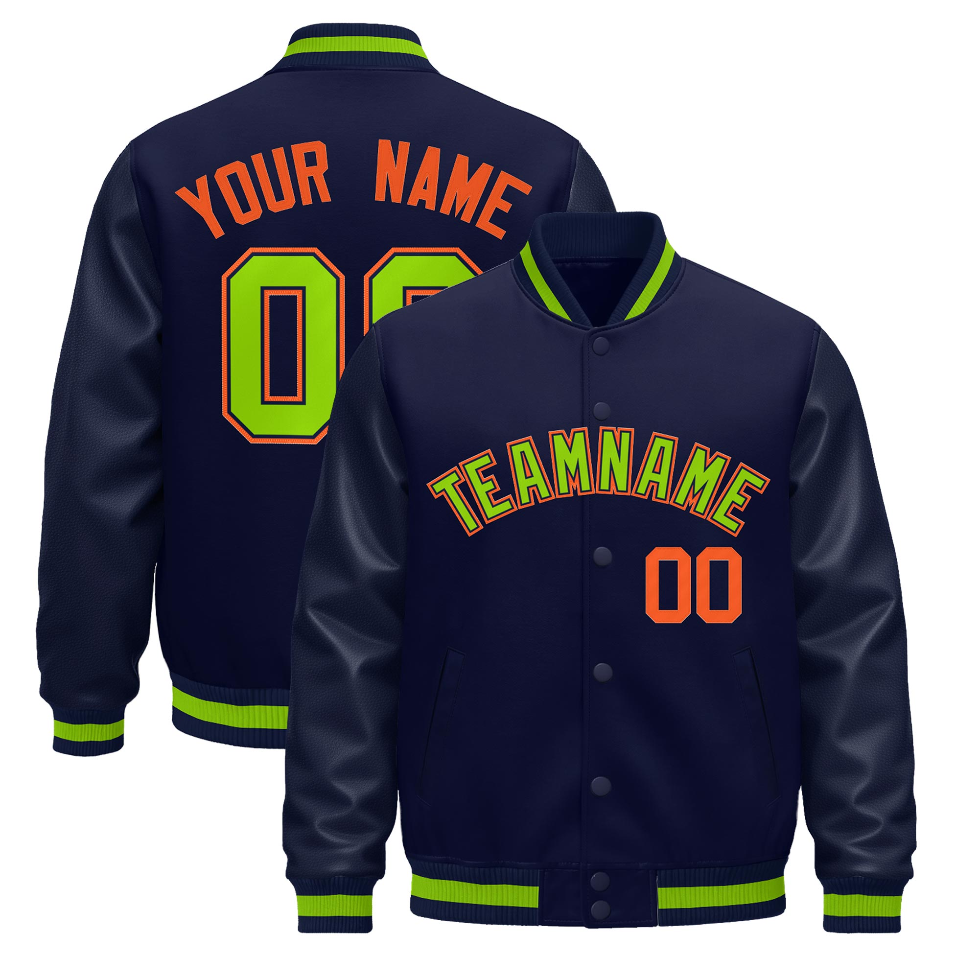 Custom Navy Orange Classic Style Leather Sleeves Wrinkle-Resistant Jacket| KXKSHOP