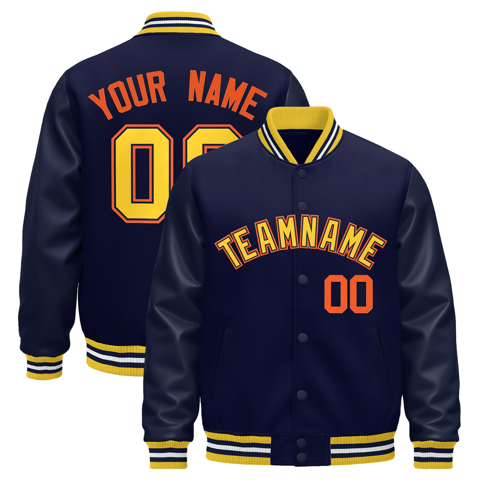 Custom Navy yellow Classic Style Leather Sleeves Wrinkle-Resistant Jacket| KXKSHOP