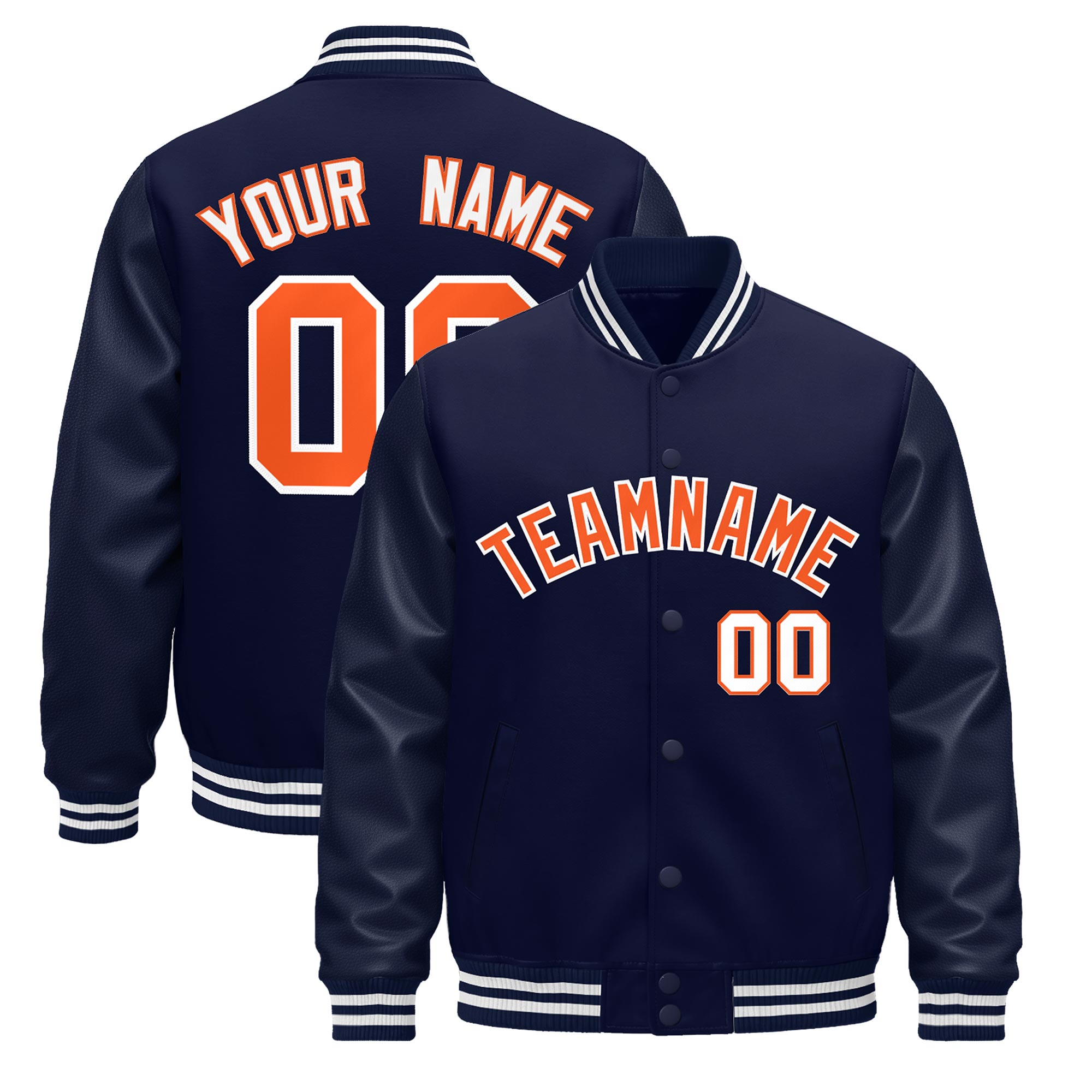 Custom Navy Orange Classic Style Leather Sleeves Wrinkle-Resistant Jacket| KXKSHOP