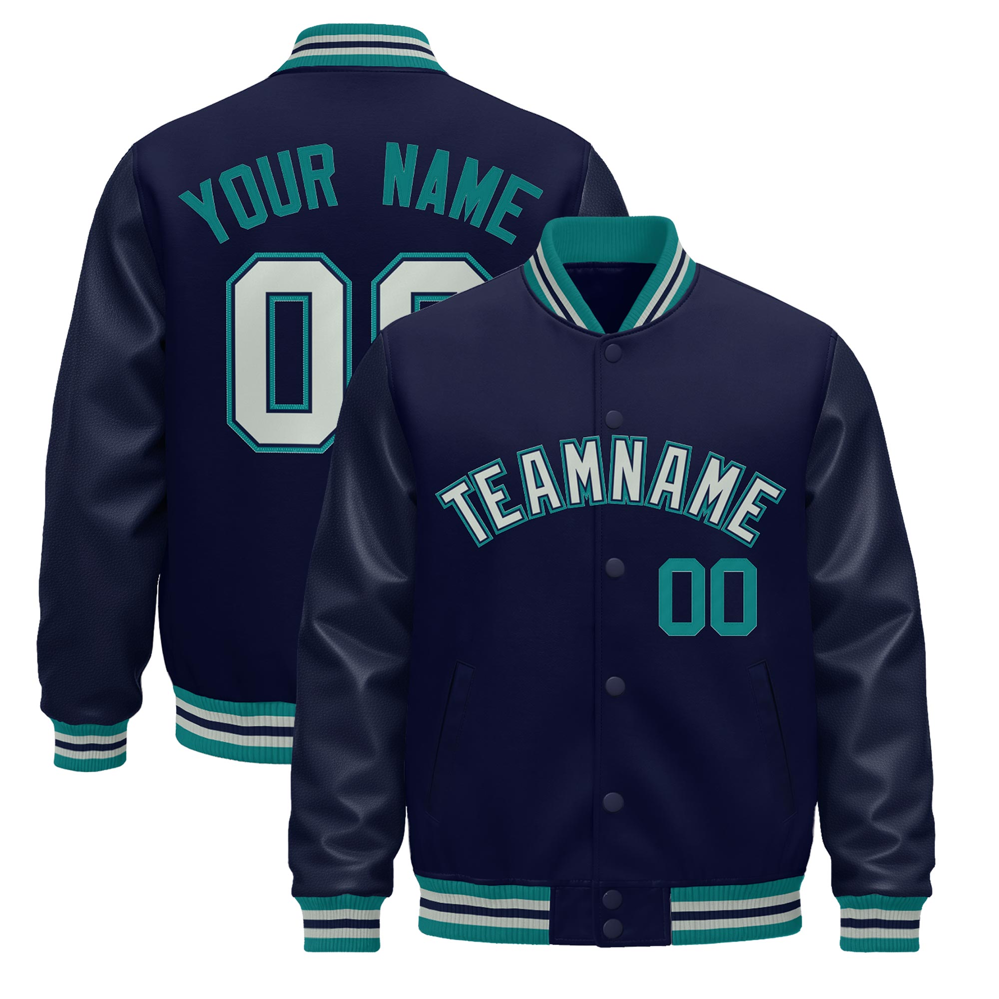 Custom Navy Teal Gray Classic Style Leather Sleeves Wrinkle-Resistant Jacket| KXKSHOP