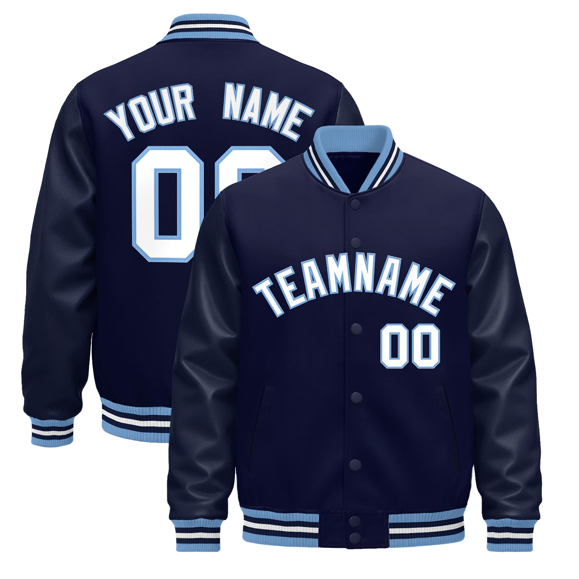 Custom Navy White Light Blue Classic Style Leather Sleeves Wrinkle-Resistant Jacket| KXKSHOP
