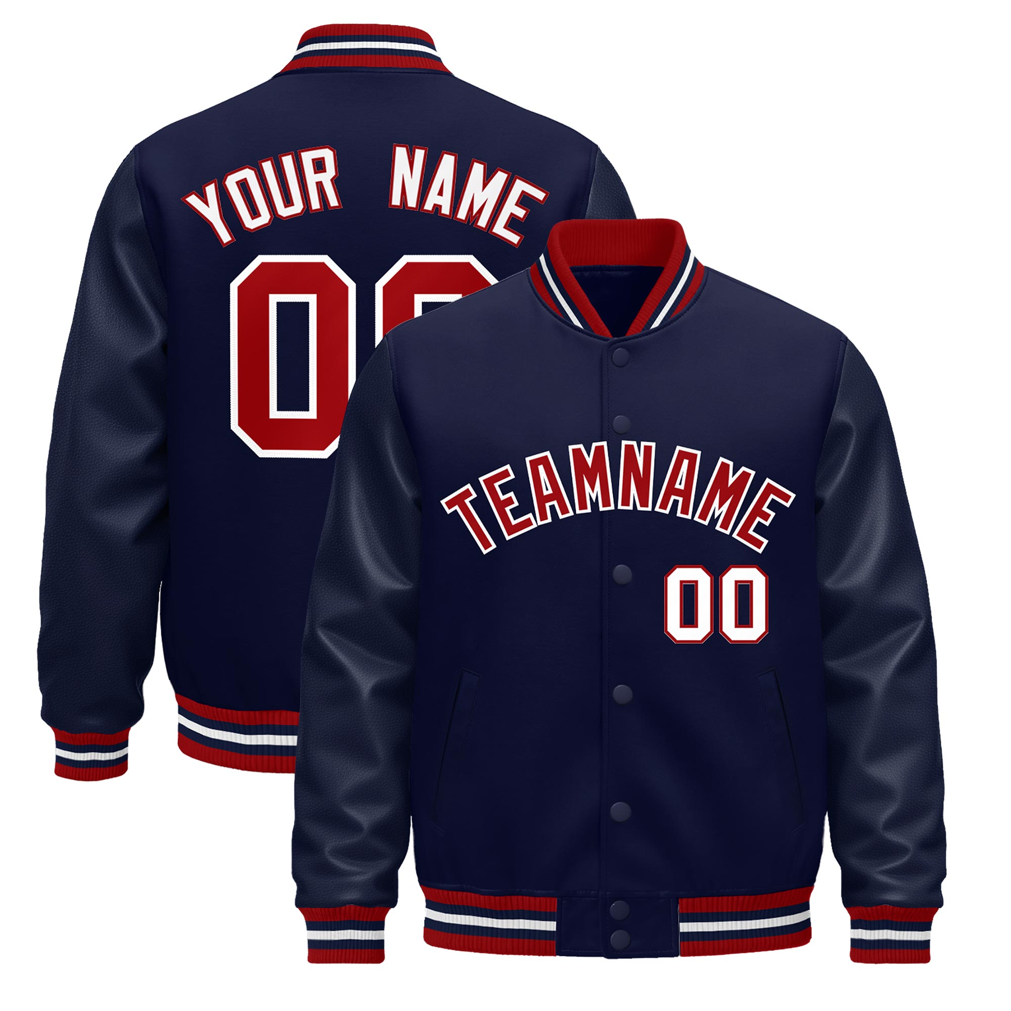 Custom Navy Red White Classic Style Leather Sleeves Wrinkle-Resistant Jacket| KXKSHOP