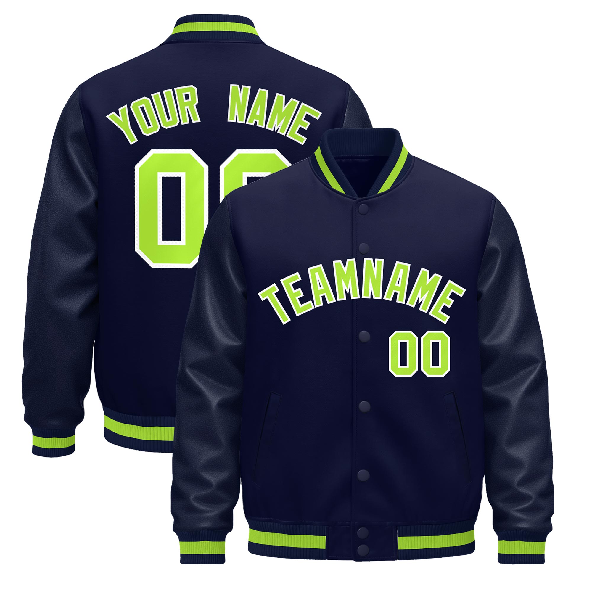 Custom Navy Neon Green Classic Style Leather Sleeves Wrinkle-Resistant Jacket| KXKSHOP