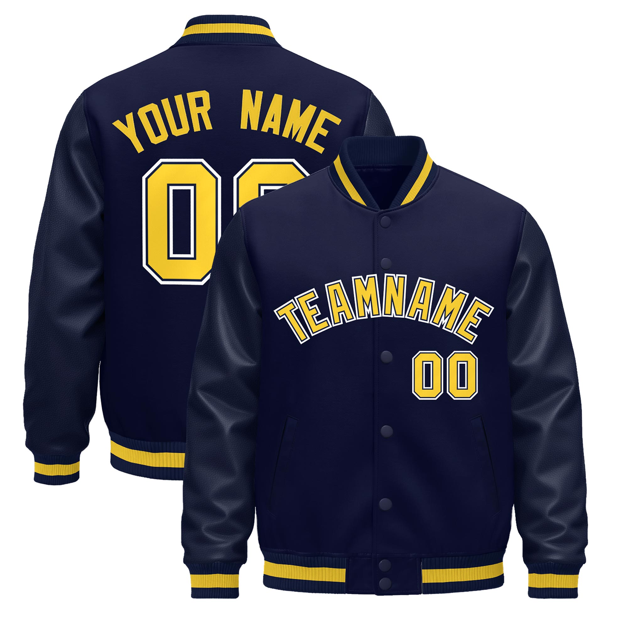 Custom Navy Gold Classic Style Leather Sleeves Wrinkle-Resistant Jacket| KXKSHOP