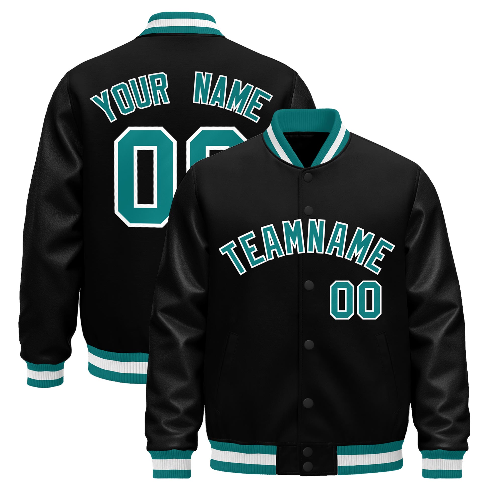 Custom Black Aqua White Classic Style Leather Sleeves Wrinkle-Resistant Jacket| KXKSHOP