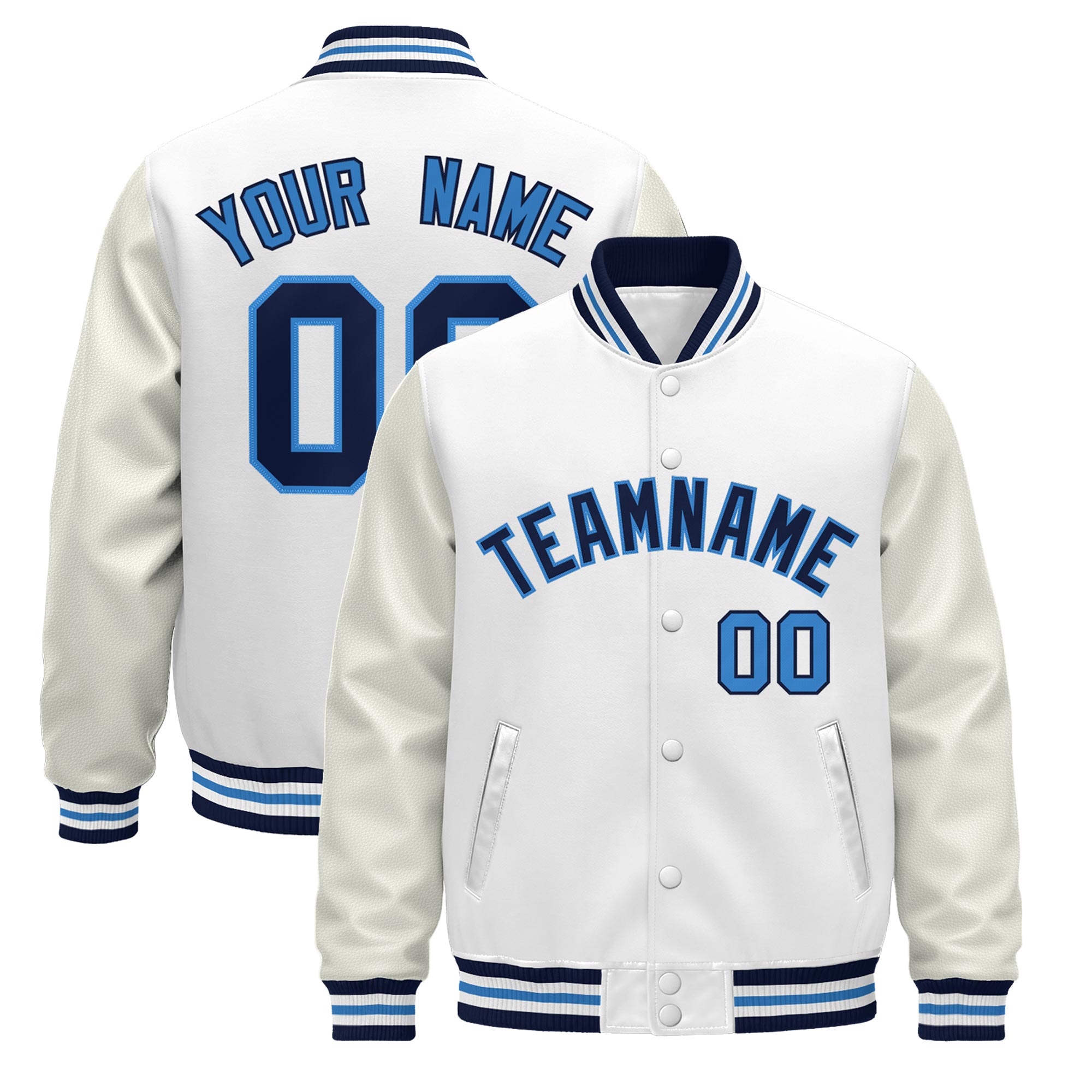 Custom White Navy Powder Blue Classic Style Leather Sleeves Wrinkle-Resistant Jacket| KXKSHOP