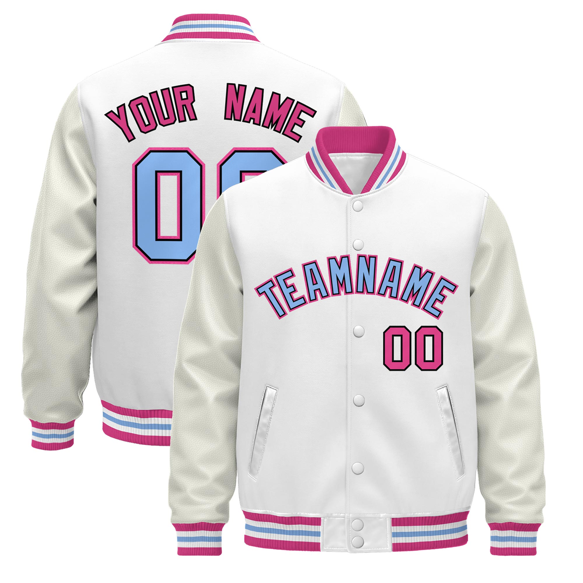 Custom White Pink Light Blue Classic Style Leather Sleeves Wrinkle-Resistant Jacket| KXKSHOP