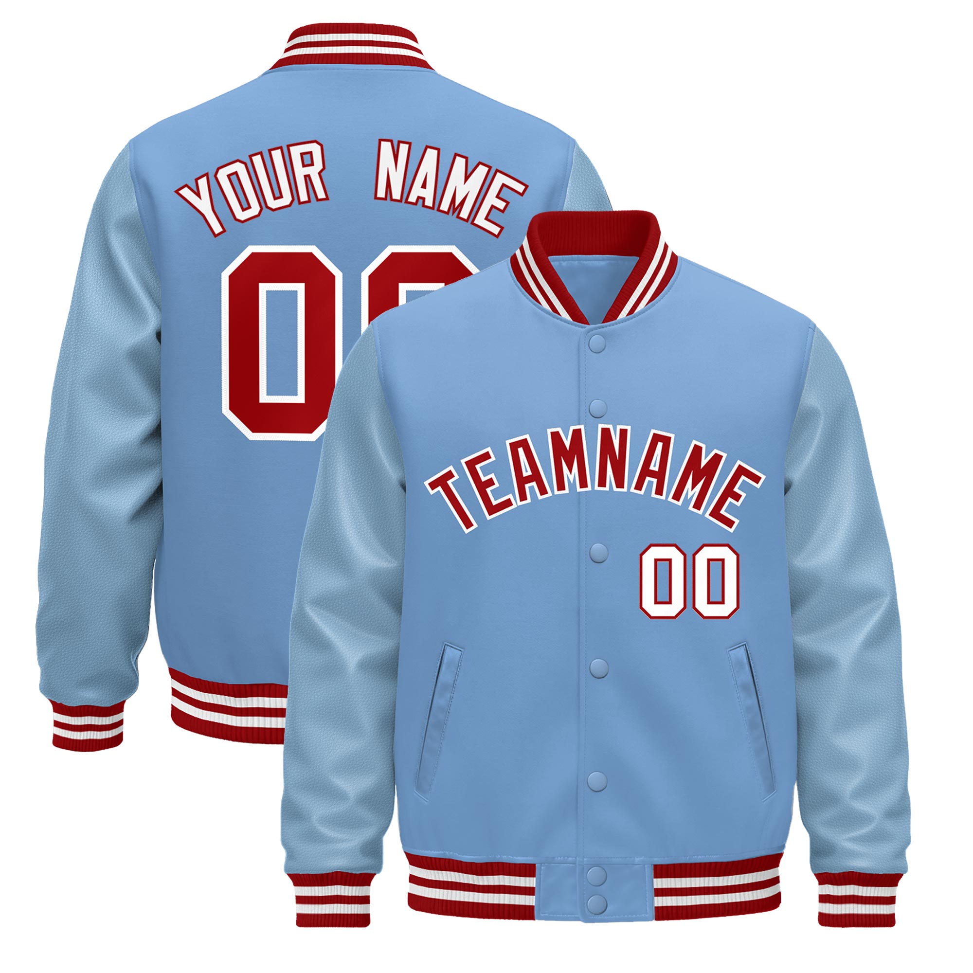 Custom Powder Blue Red White Classic Style Leather Sleeves Wrinkle-Resistant Jacket| KXKSHOP