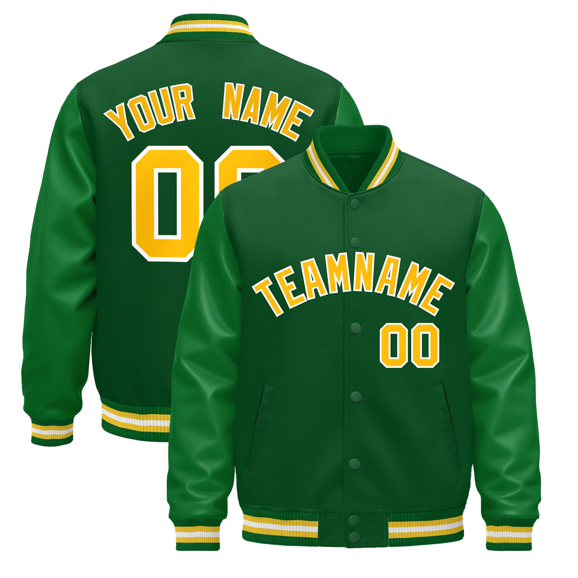 Custom Kelly Green Gold White Classic Style Leather Sleeves Wrinkle-Resistant Jacket| KXKSHOP