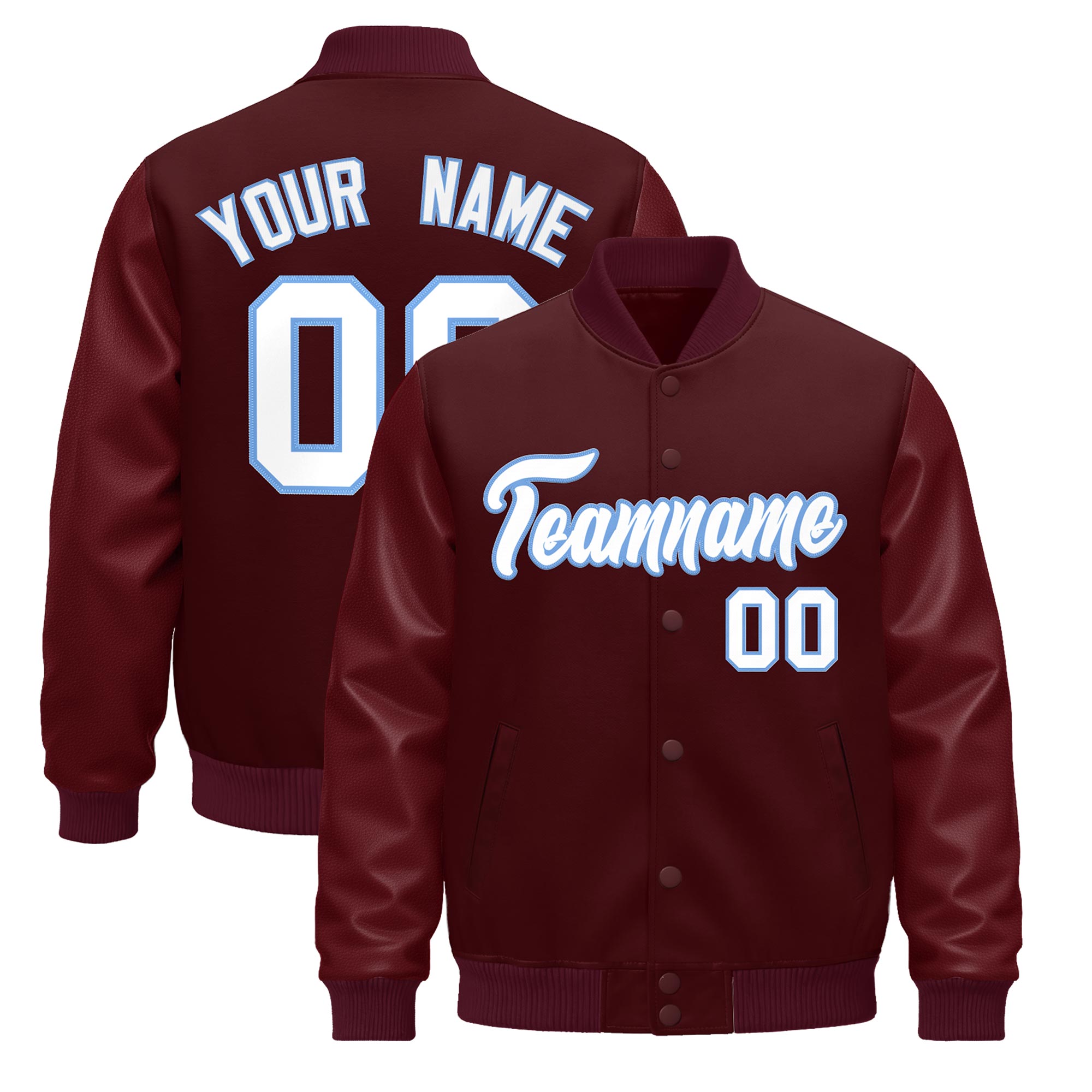 Custom Burgundy Light Blue Classic Style Leather Sleeves Wrinkle-Resistant Jacket| KXKSHOP