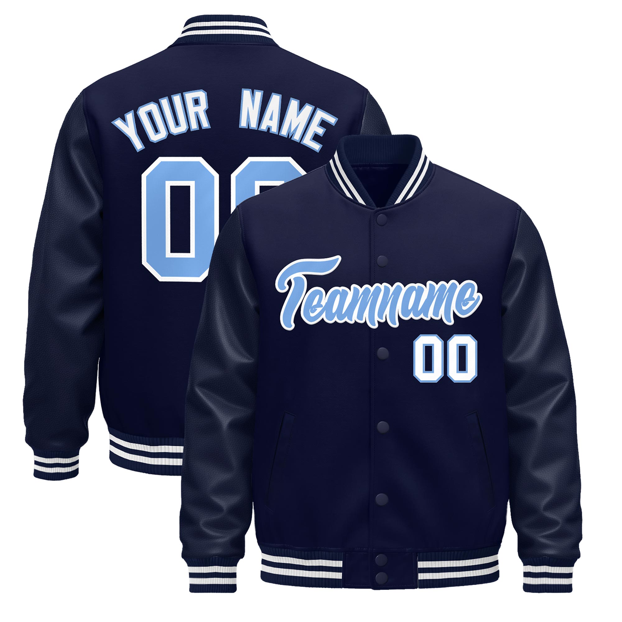Custom Navy White Classic Style Leather Sleeves Wrinkle-Resistant Jacket| KXKSHOP