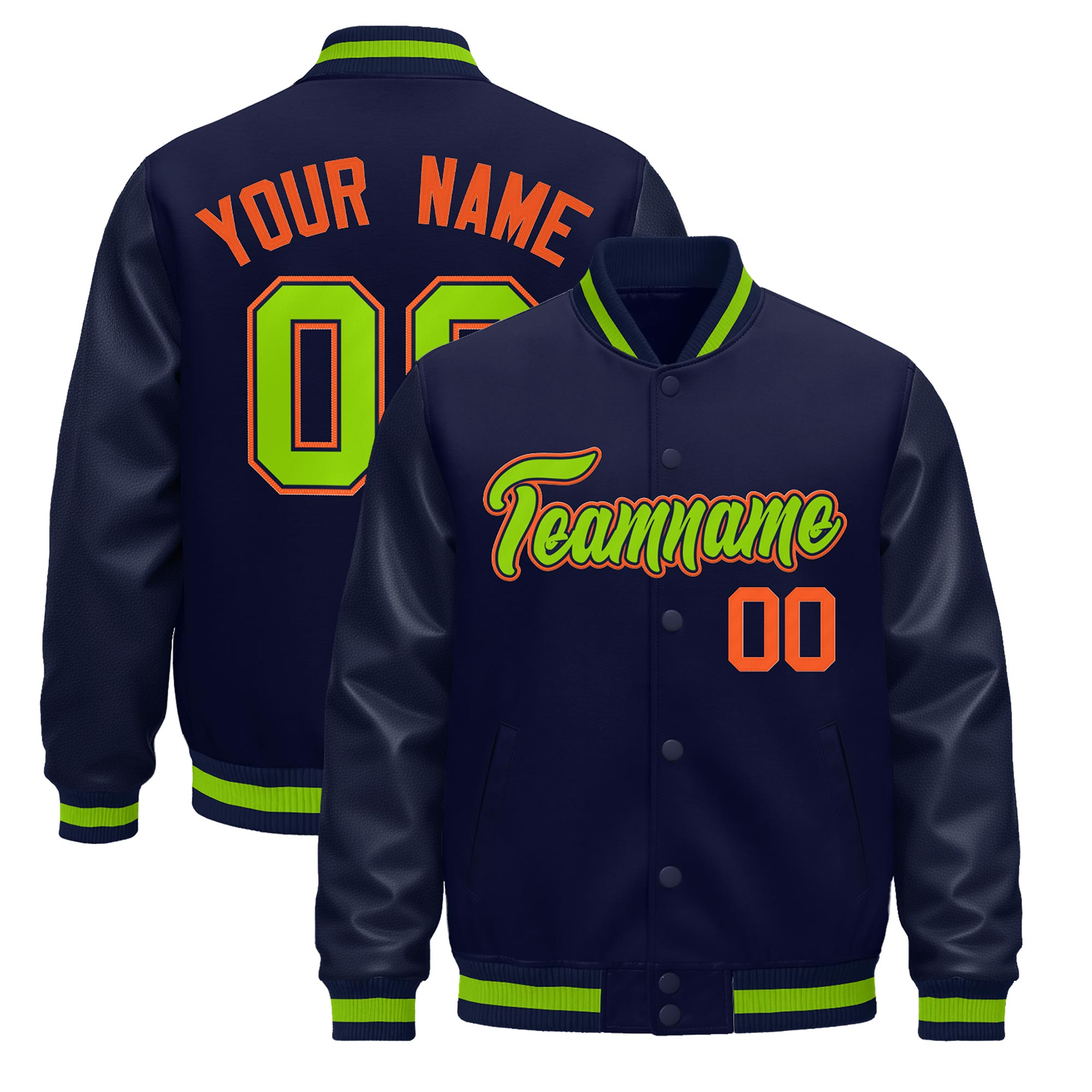 Custom Navy Orange Classic Style Leather Sleeves Wrinkle-Resistant Jacket| KXKSHOP