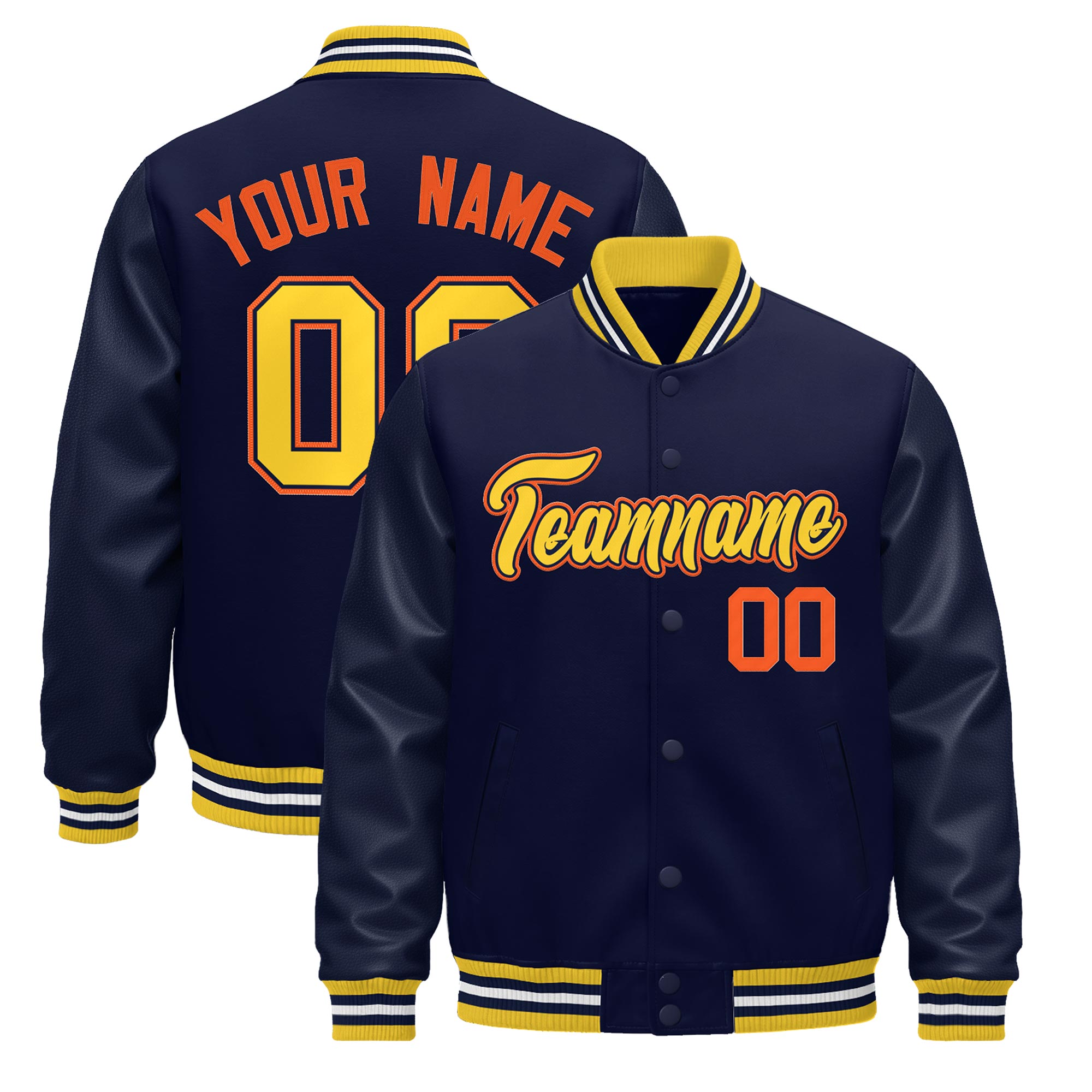 Custom Navy yellow Classic Style Leather Sleeves Wrinkle-Resistant Jacket| KXKSHOP